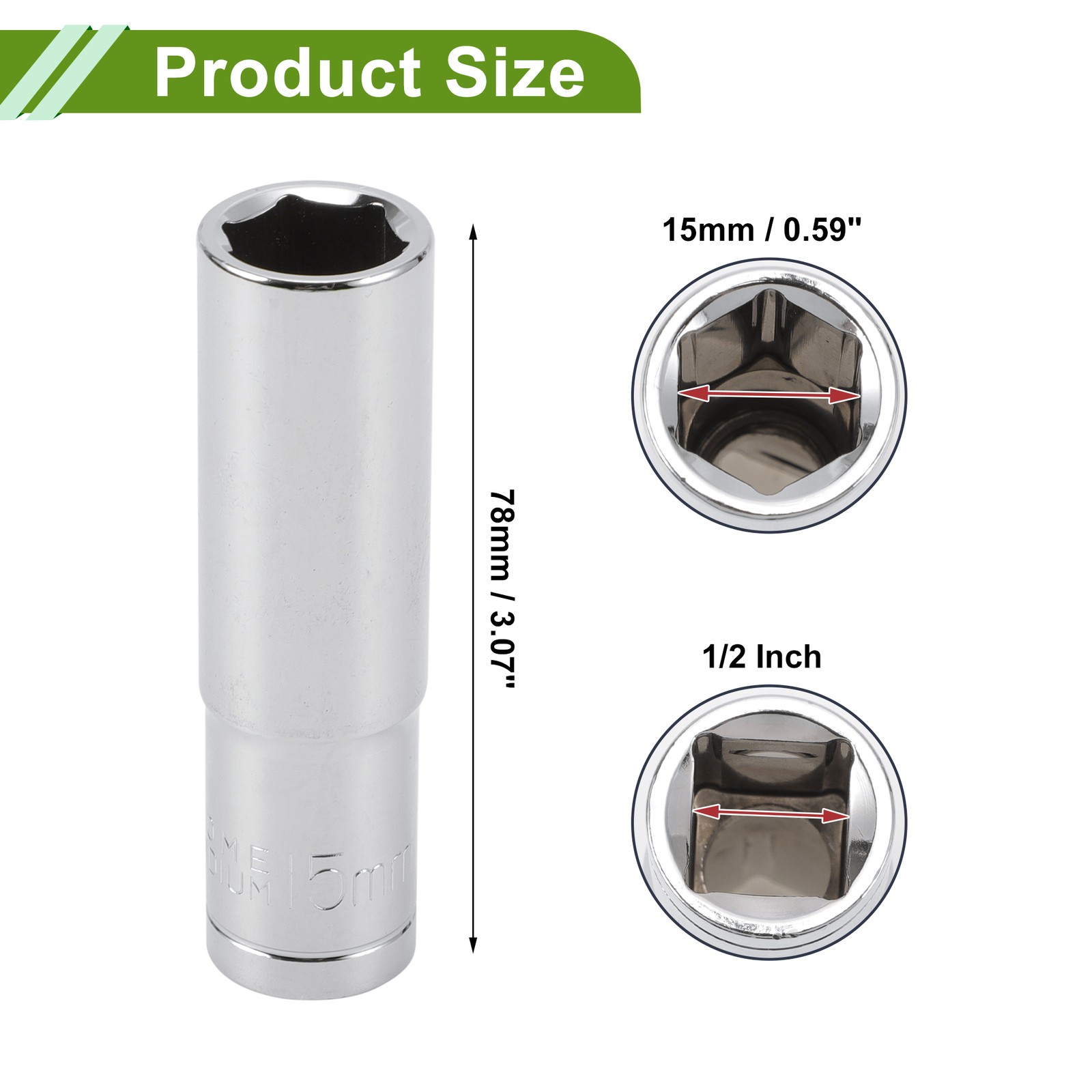 Universal 1/2 Inch Drive Impact Socket 15mm 6 Point Chrome Vanadium Steel 78mm