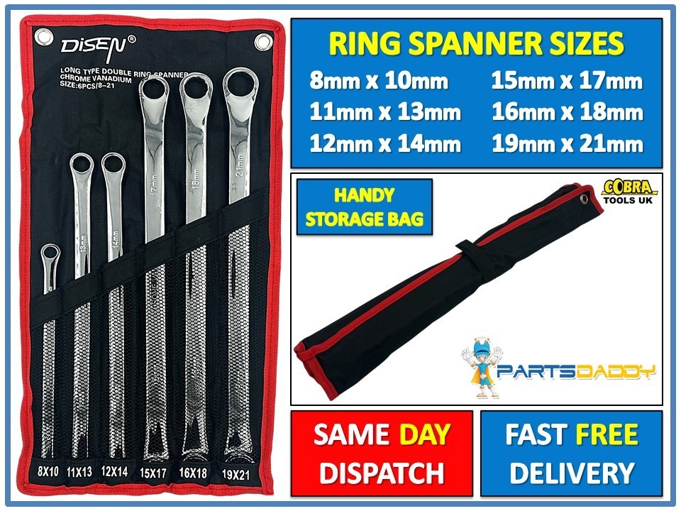 6PC PRO EXTRA LONG FLAT DOUBLE RING SPANNER SET 8mm-21mm LONG REACH WRENCH 23-72
