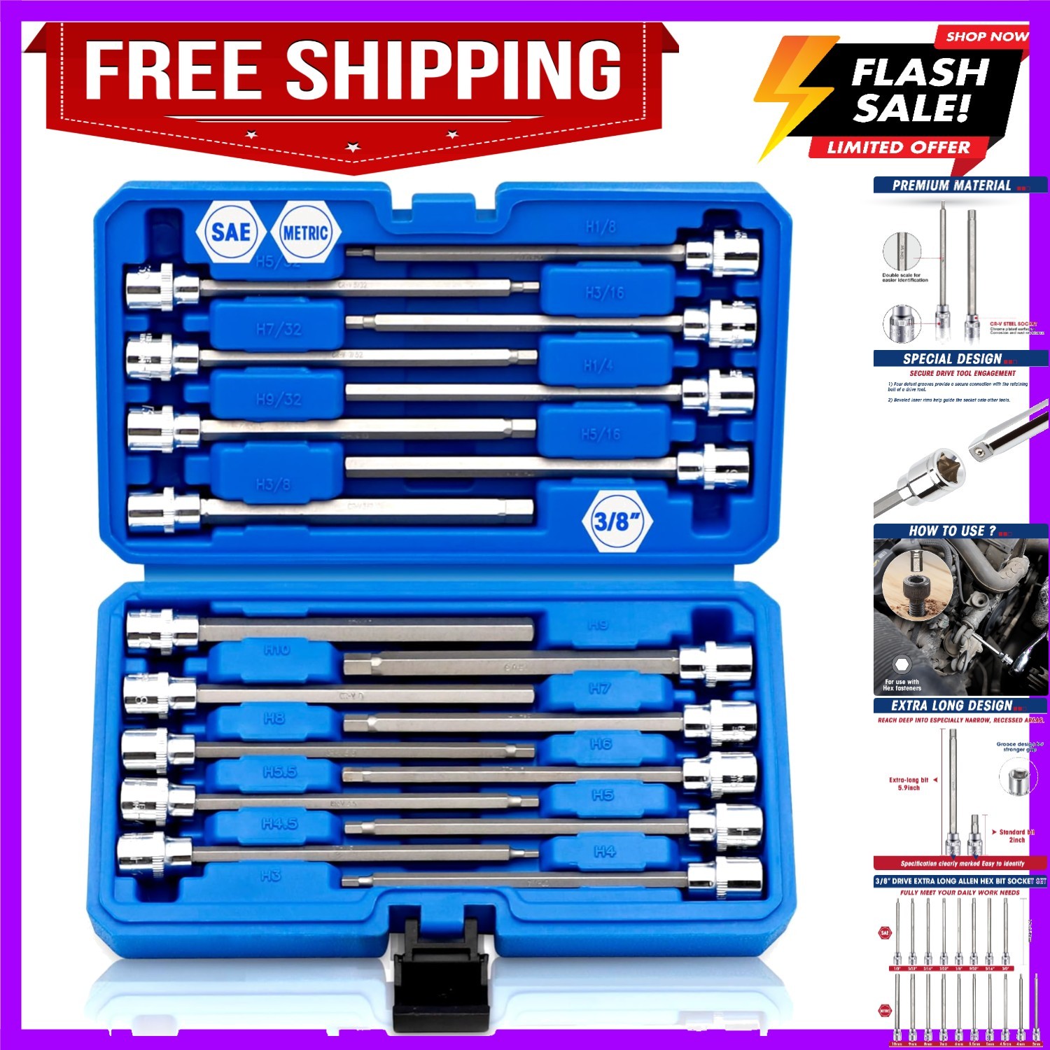 18-Piece 3/8 Inch Drive Extra Long Allen Hex Bit Socket Set, SAE & Metric 1/8…