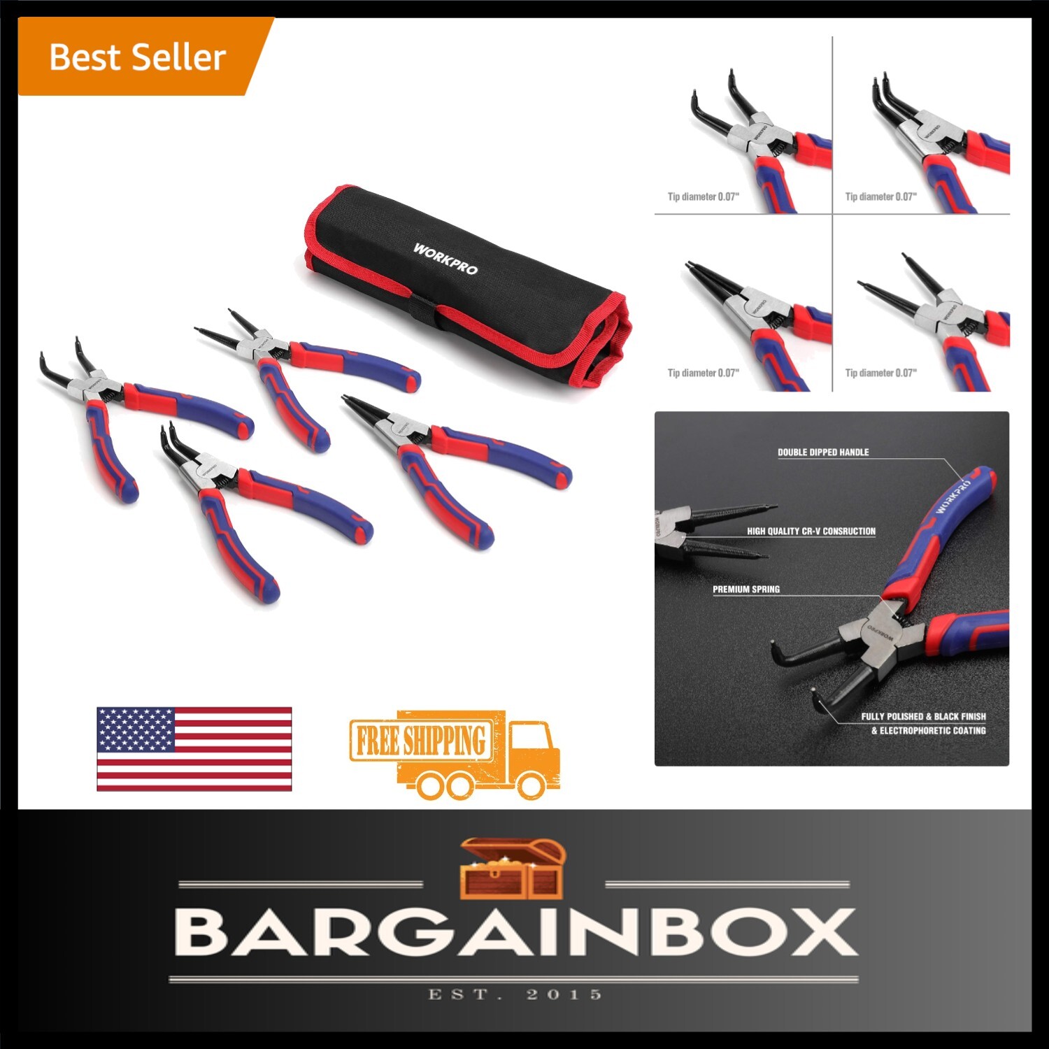 7-Inch Snap Ring Pliers Kit – Chrome Vanadium, Internal/External Circlip Tools