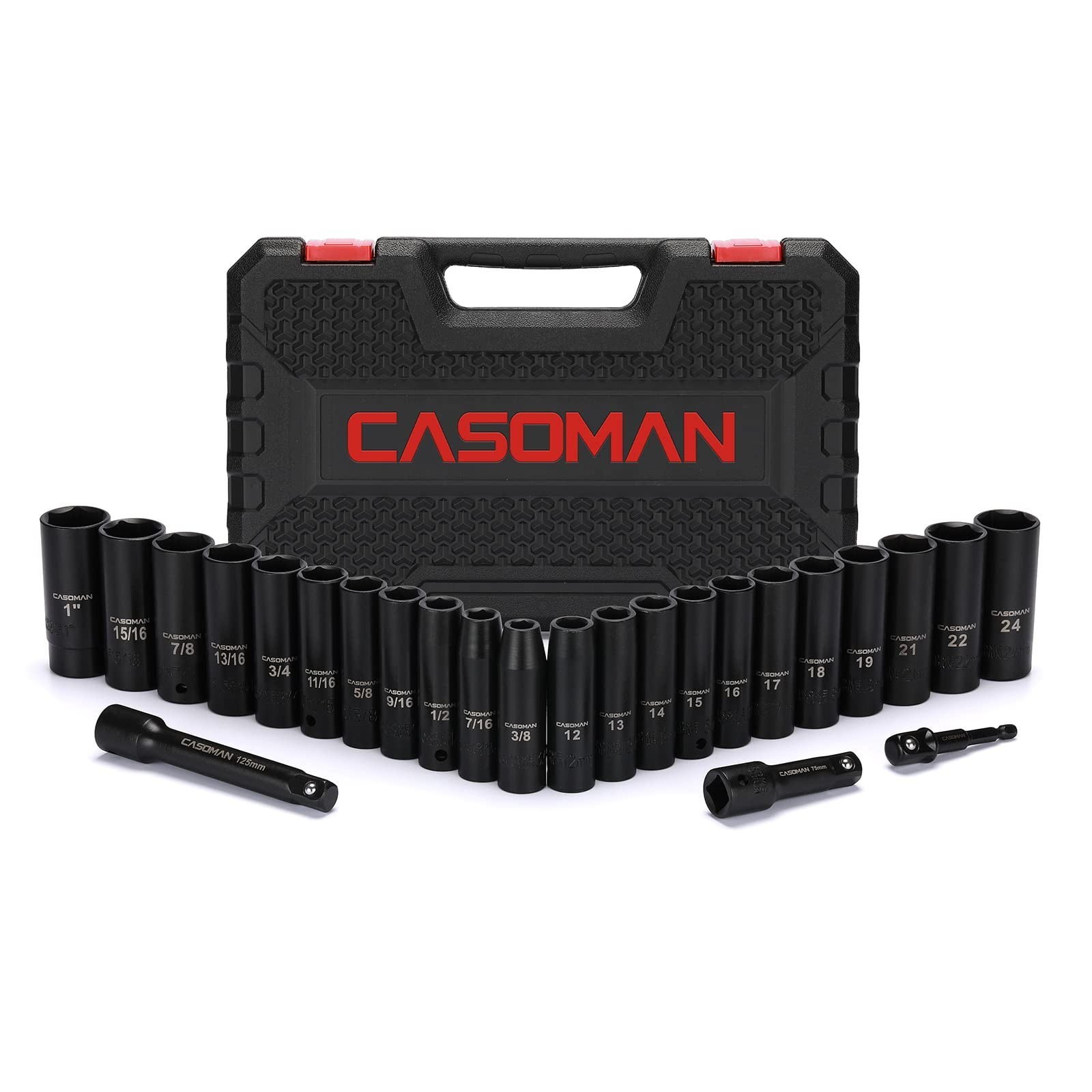 25PCS 1/2″ Drive Impact Socket Set – Deep Cr-V Steel, 6 Point, Metric & SAE, 12m