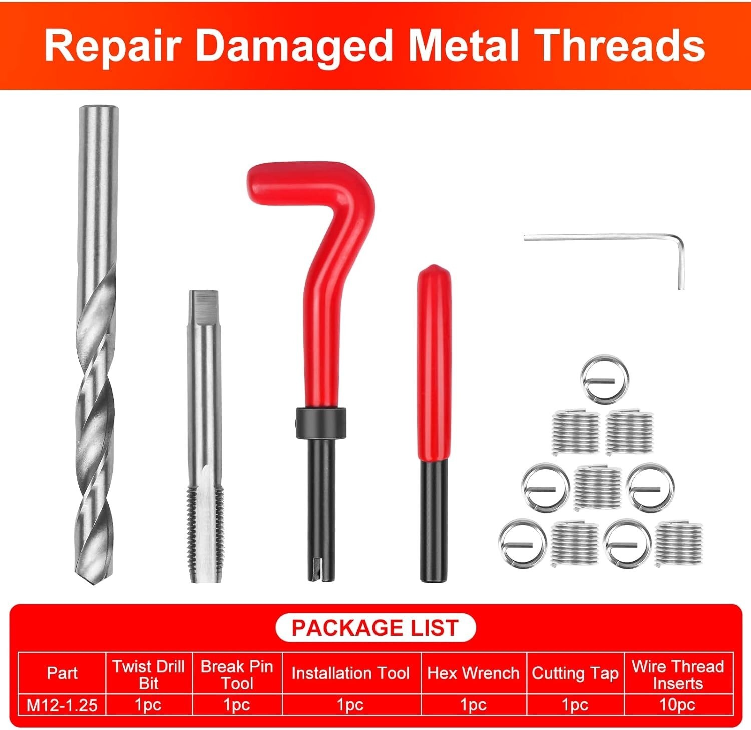 15PC M12 x 1.25 Thread Repair Tool Stainless Helicoil Wire Insert Kit