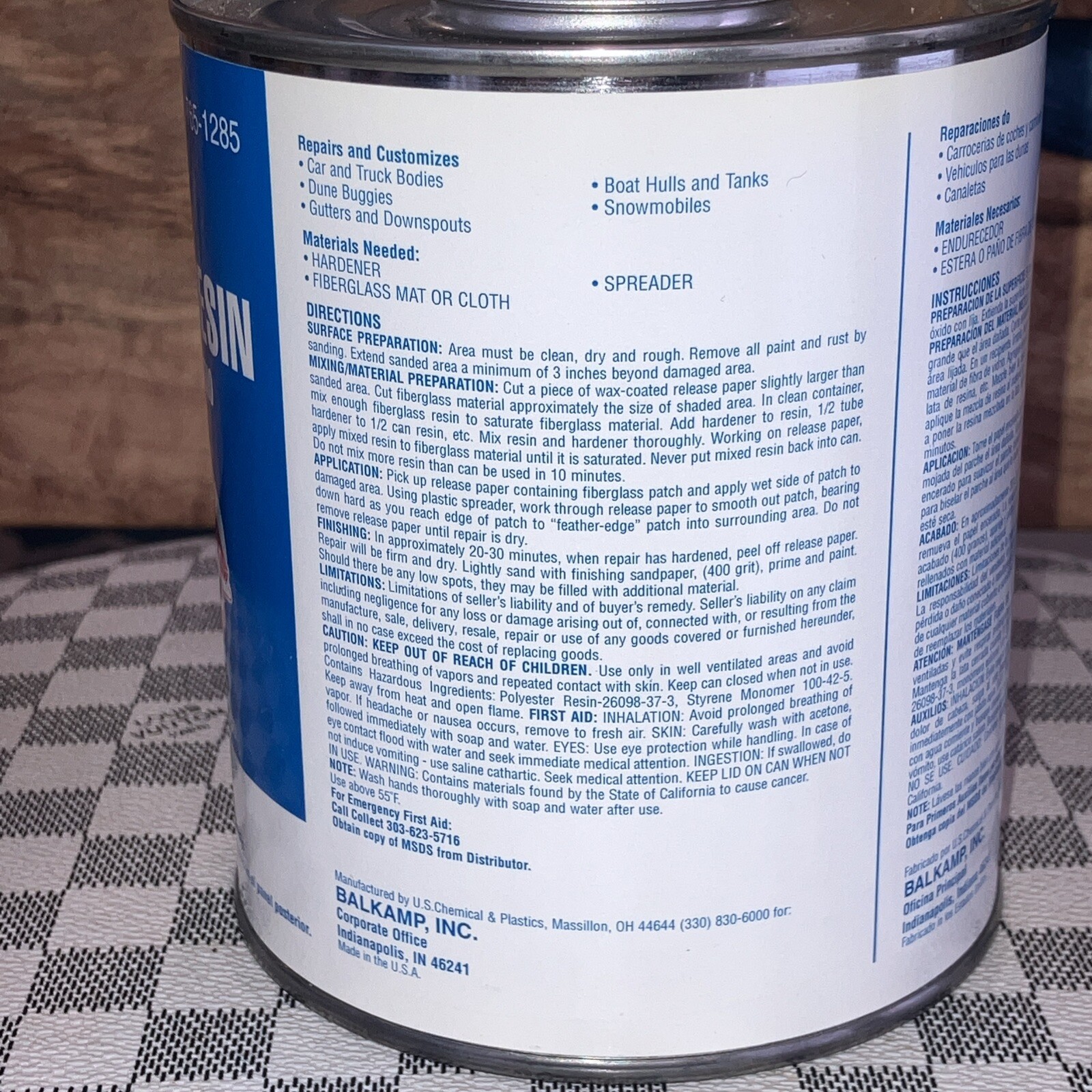 Napa Fiberglass Resin 765-1285 1 Quart New.