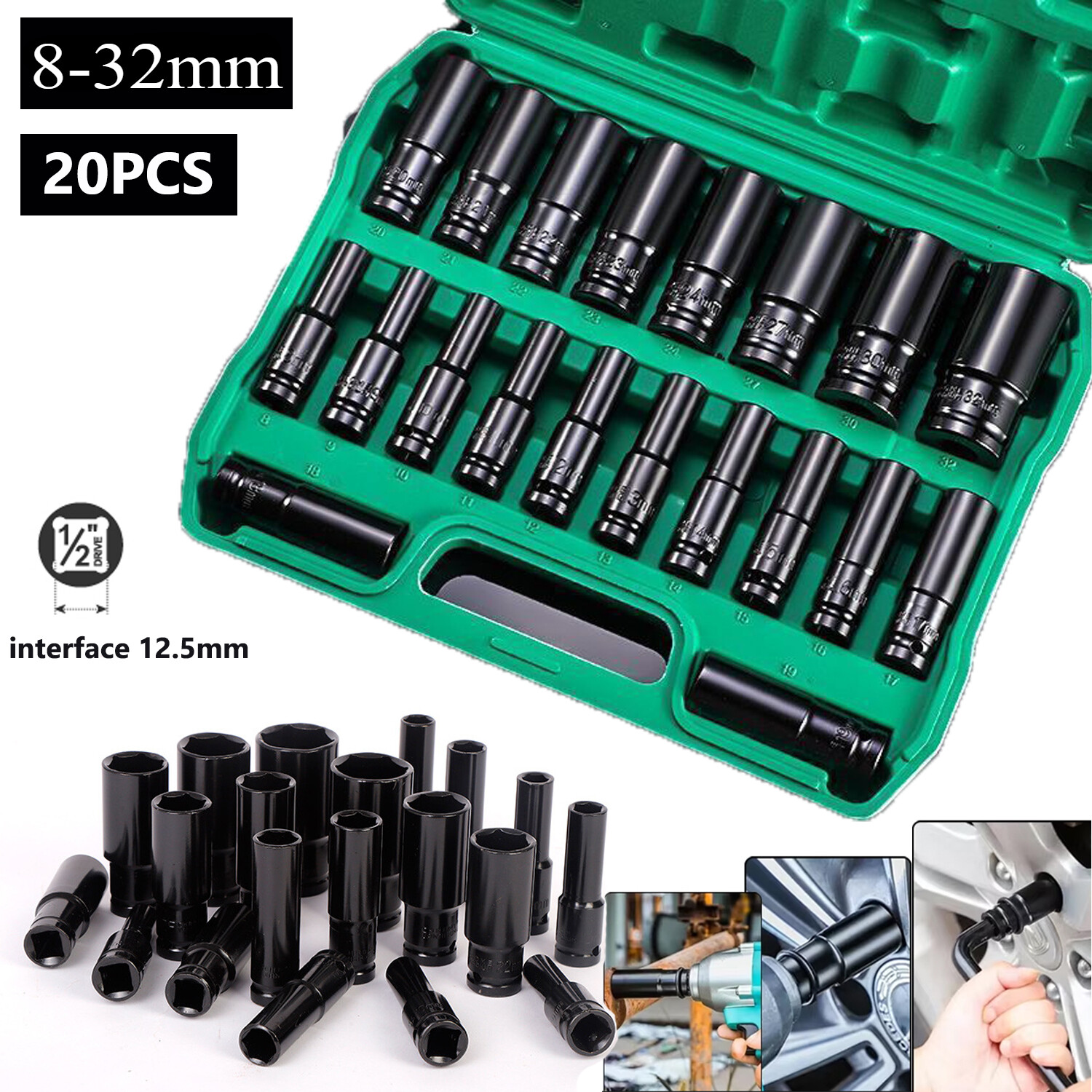 Impact Sockets Set 1/2 Inch Drive 20 PCS Metric 8 – 32mm Deep 6-Point Set w/case