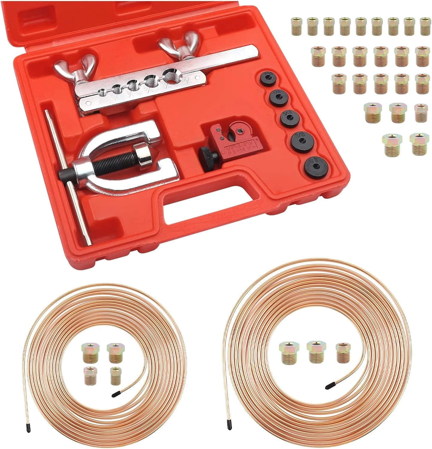 3/16″ Brake Line Kit + 1/4 25FT Copper Pipe Flaring Tool 32 Fittings Nuts