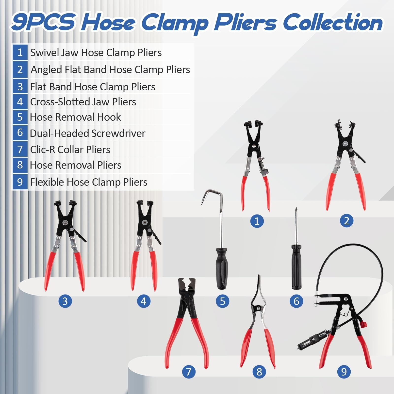 9Pc Hose Clamp Clip Remover Pliers Long Reach Kit Fuel Water Hose Tool USA