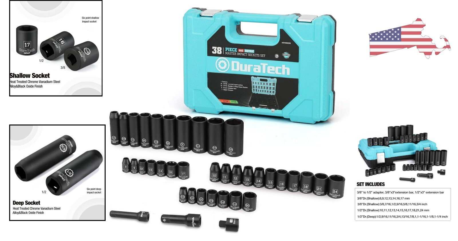 Professional 38-piece High-Quality Socket Set – Metric/SAE – Impact Adapter