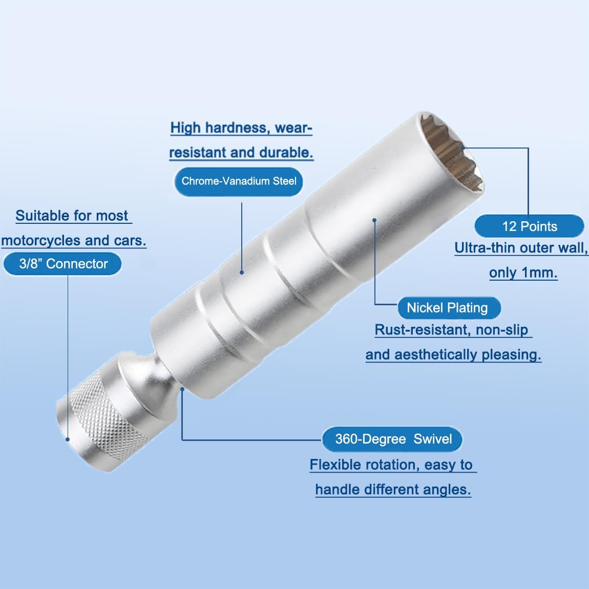 Resze 5/8-Inch（16mm） Thin Wall Spark Plug Socket,12 Short 5/8″（16mm）, Silver