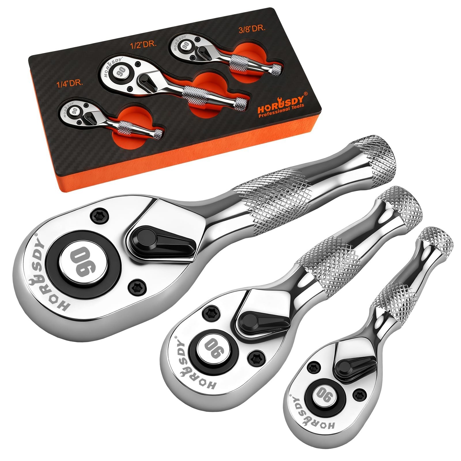 3-Piece Stubby Ratchet Handle Set, 1/4″ 3/8″ 1/2″ Drive Mini Socket Wrench, Comp