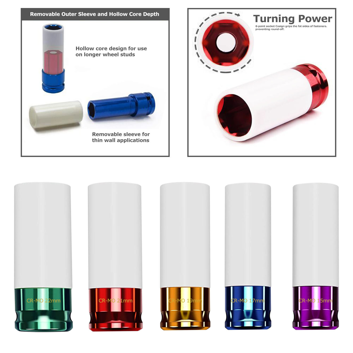 5 PCS Set 1/2” Inch Impact Drive Lug Nut Socket Non-Marring Thin Walled