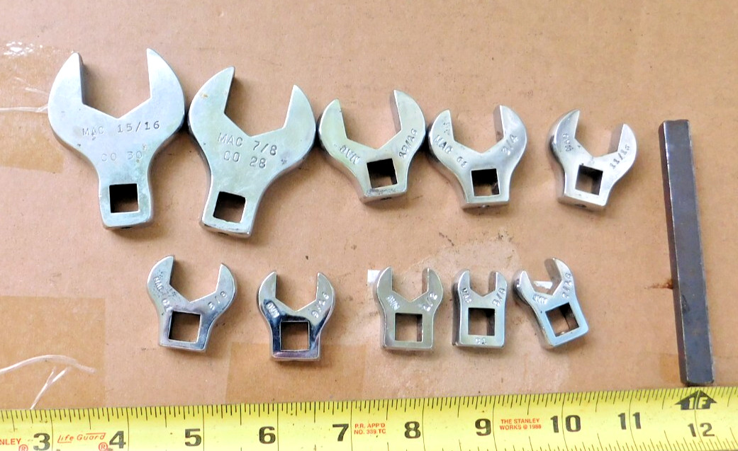 LOT of 10 MAC TOOLS 3/8″ DRIVE OPEN END CROWFOOT WRENCHES 3/8″ to 15/16″