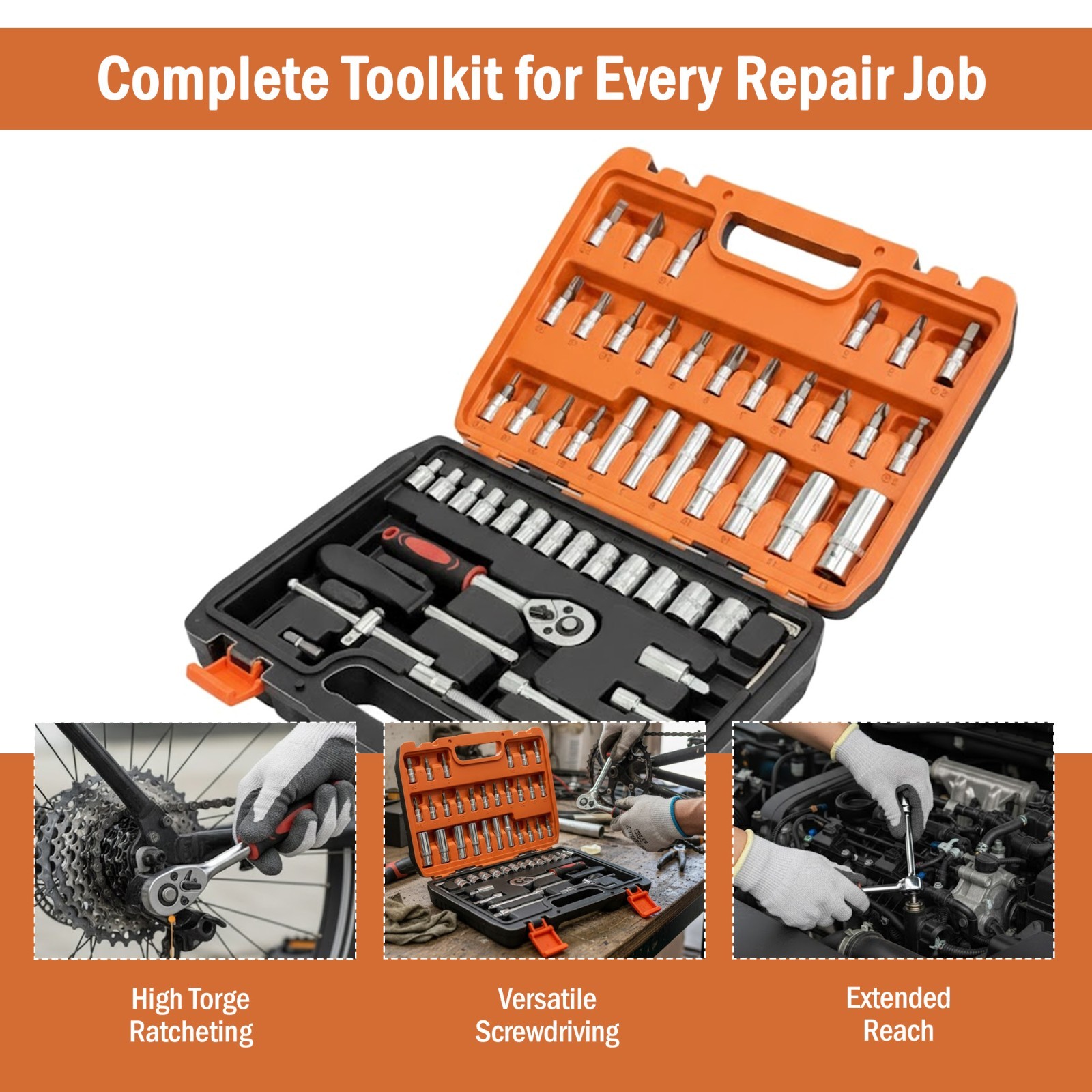 53Pcs Socket Wrench & Ratchet Tool Set Galvanized Carbon Steel Tool Kit