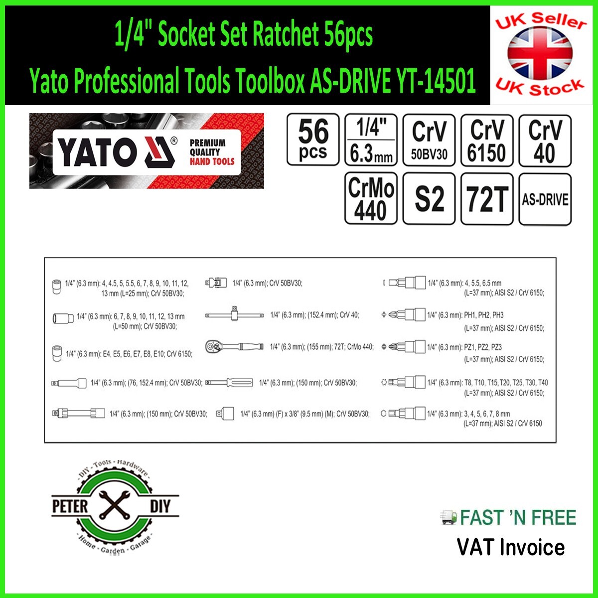 1/4″ Socket Set Ratchet 56pcs Yato Professional Tools Toolbox AS-DRIVE YT-14501
