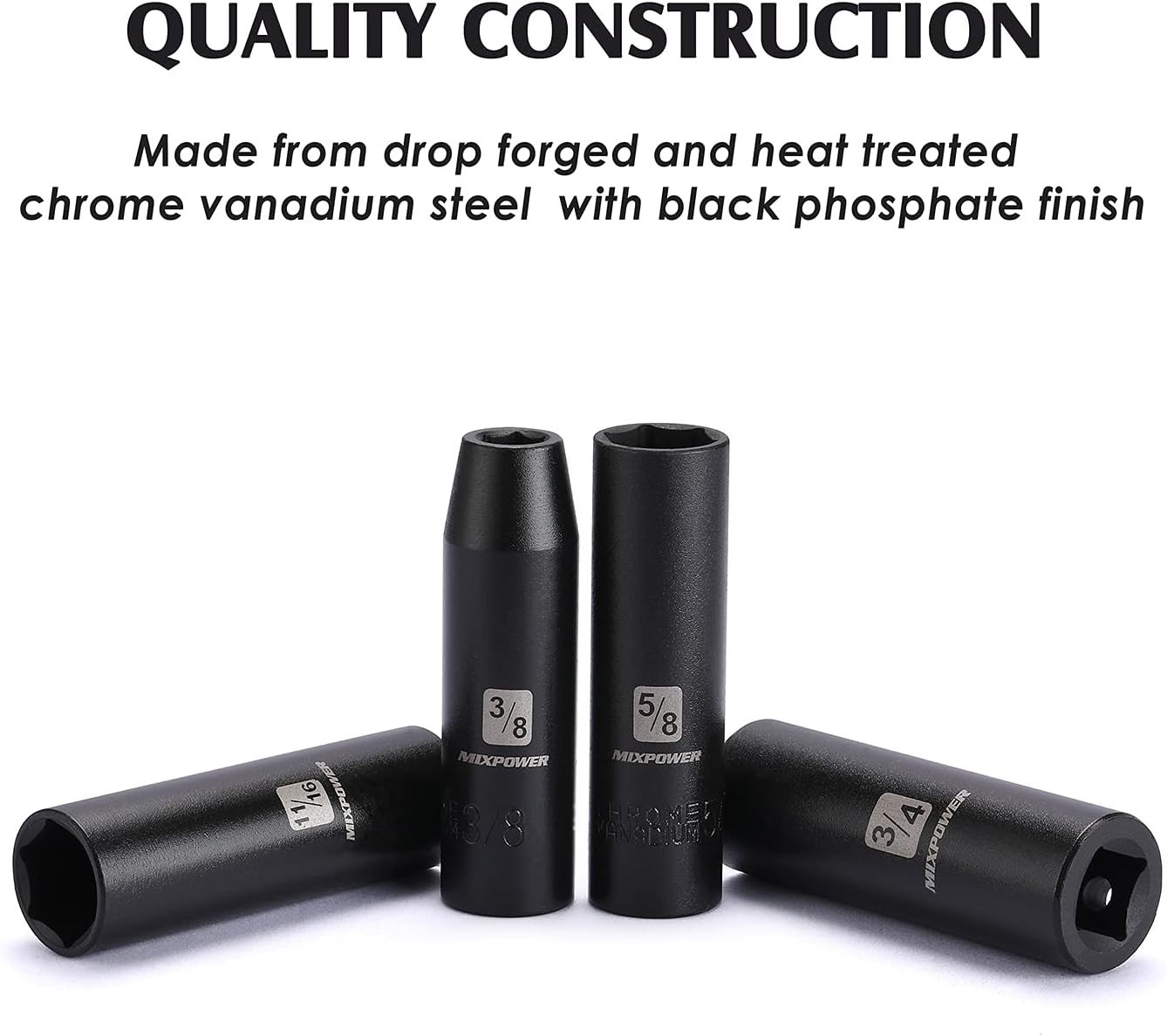 Impact Socket Set, 11 Pieces, 1/2-Inch Drive, Chrome Vanadium with Black Finish