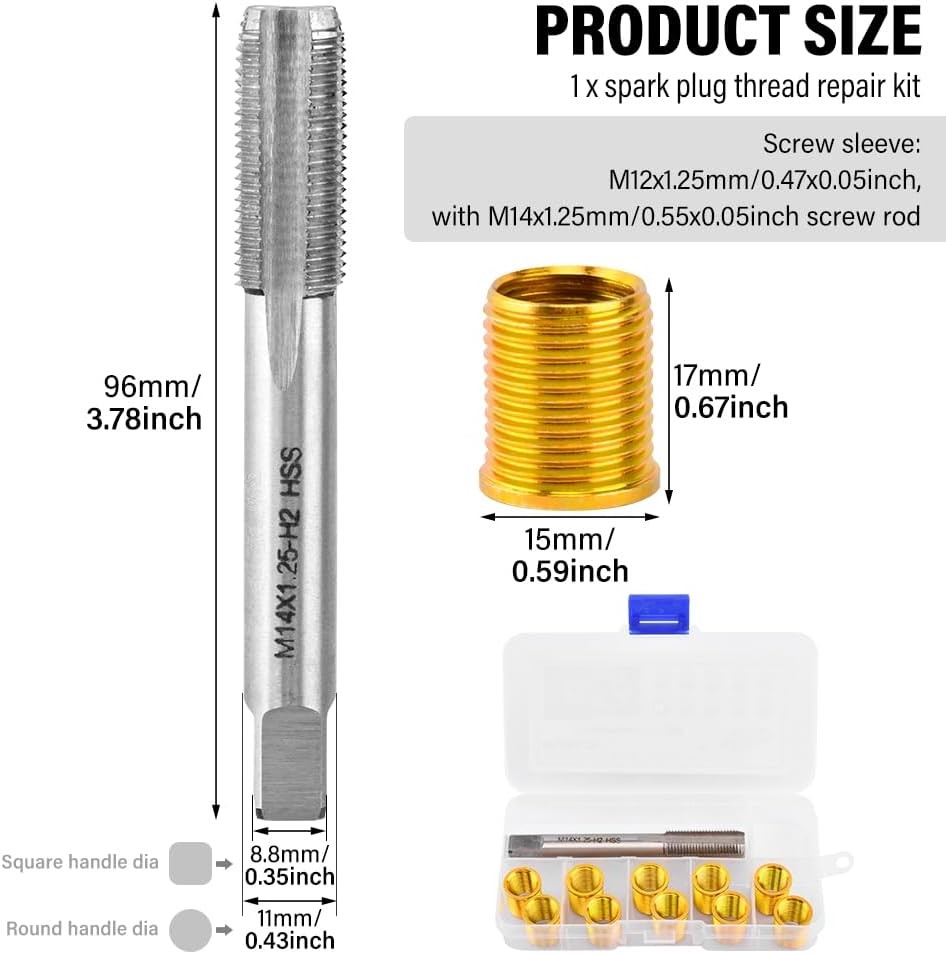 Thread Repair Kit M12x1.25, 10pcs Thread Inserts + 1pc Tap Kit, M12x1.25