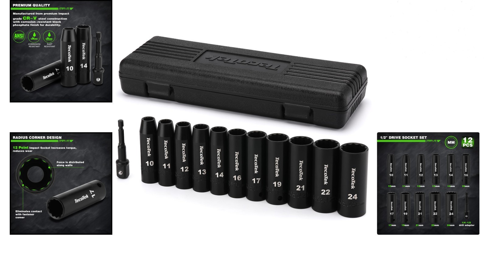 12 Pieces 1/2-Inch Drive Deep Impact Socket Set Chrome Vanadium 10-24mm