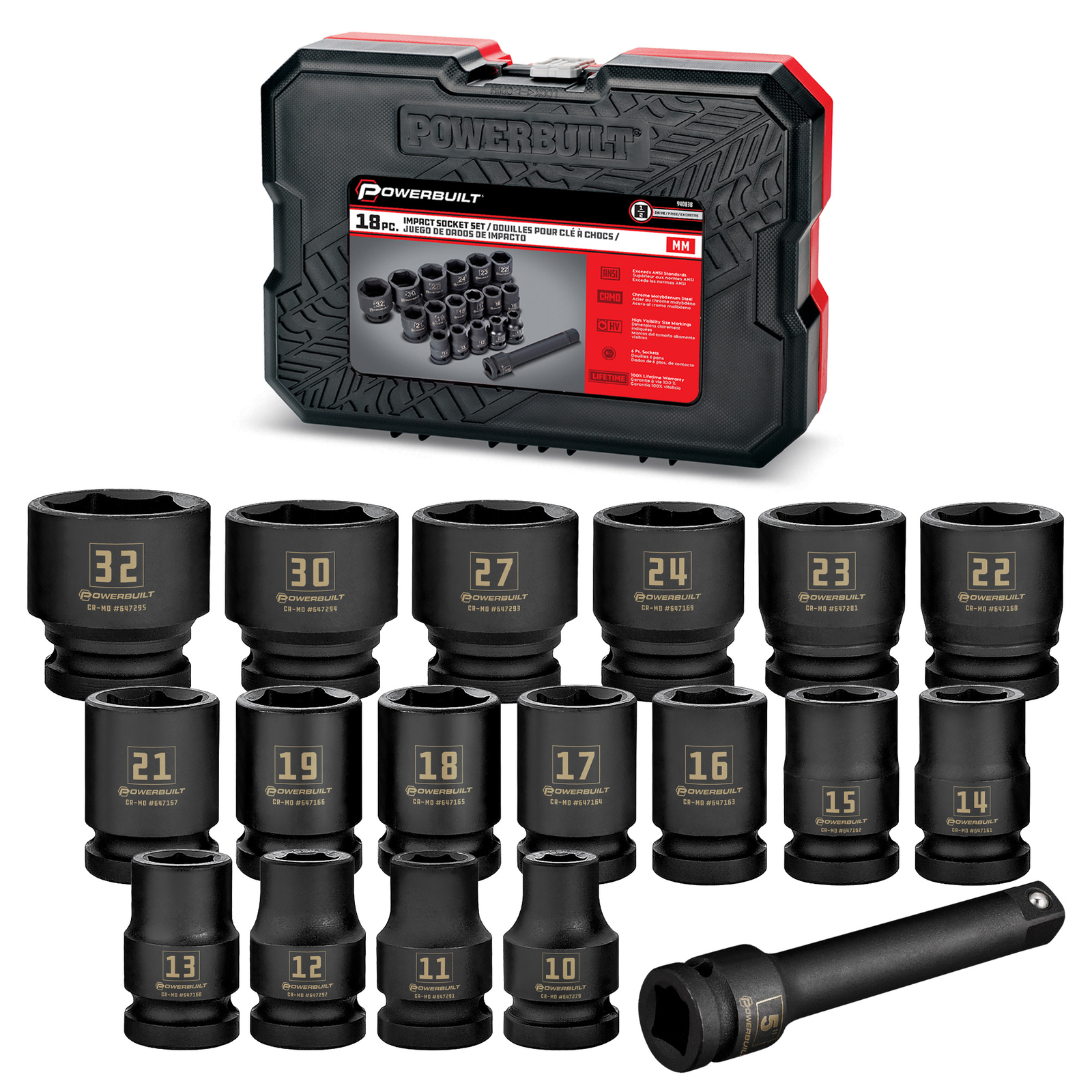 Powerbuilt 18 Piece 1/2 Inch Drive 6 Point Metric Impact Socket Set – 940838