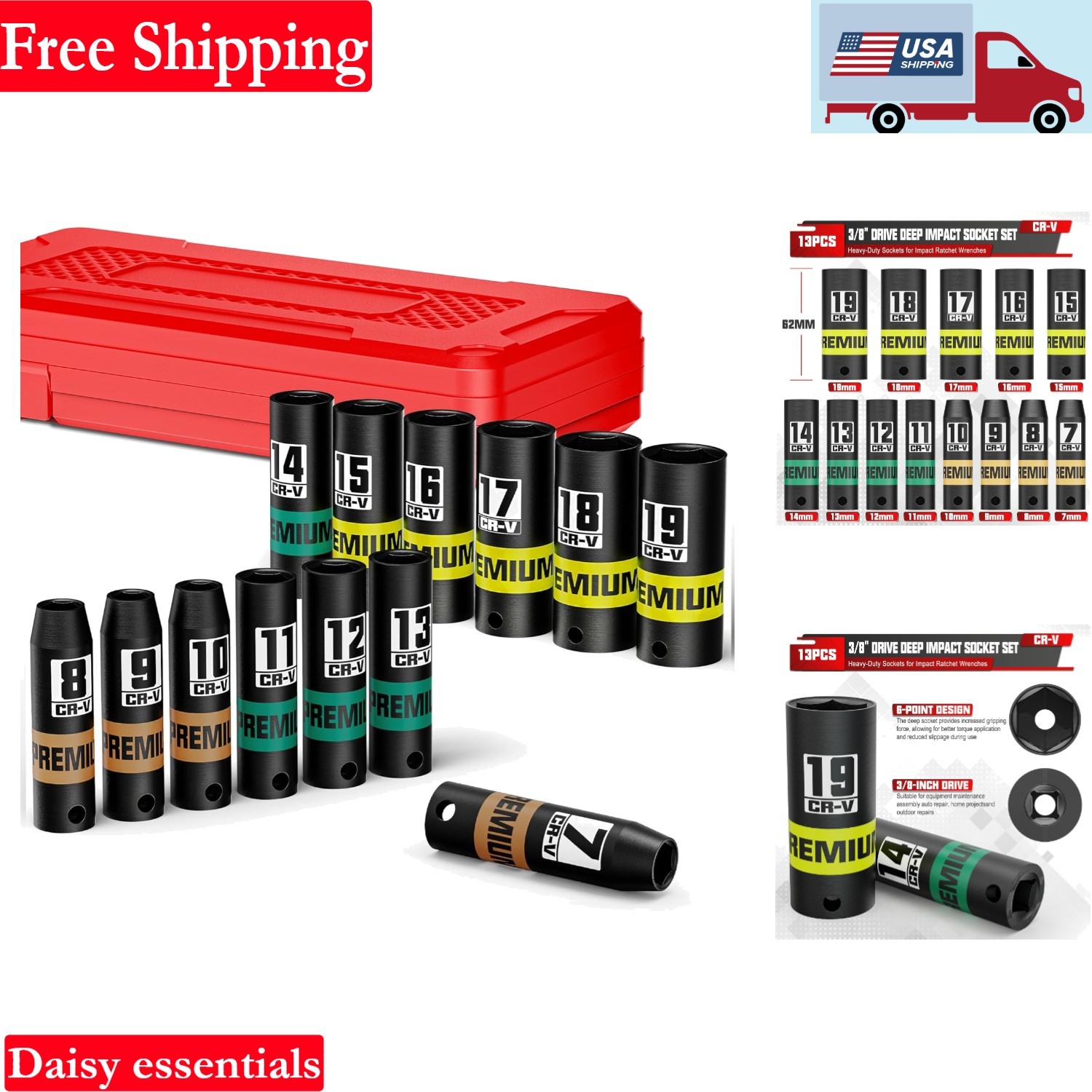13-Piece Deep Impact Socket Set 3/8″ Drive 7-19mm CR-V Heavy Duty Automotive …