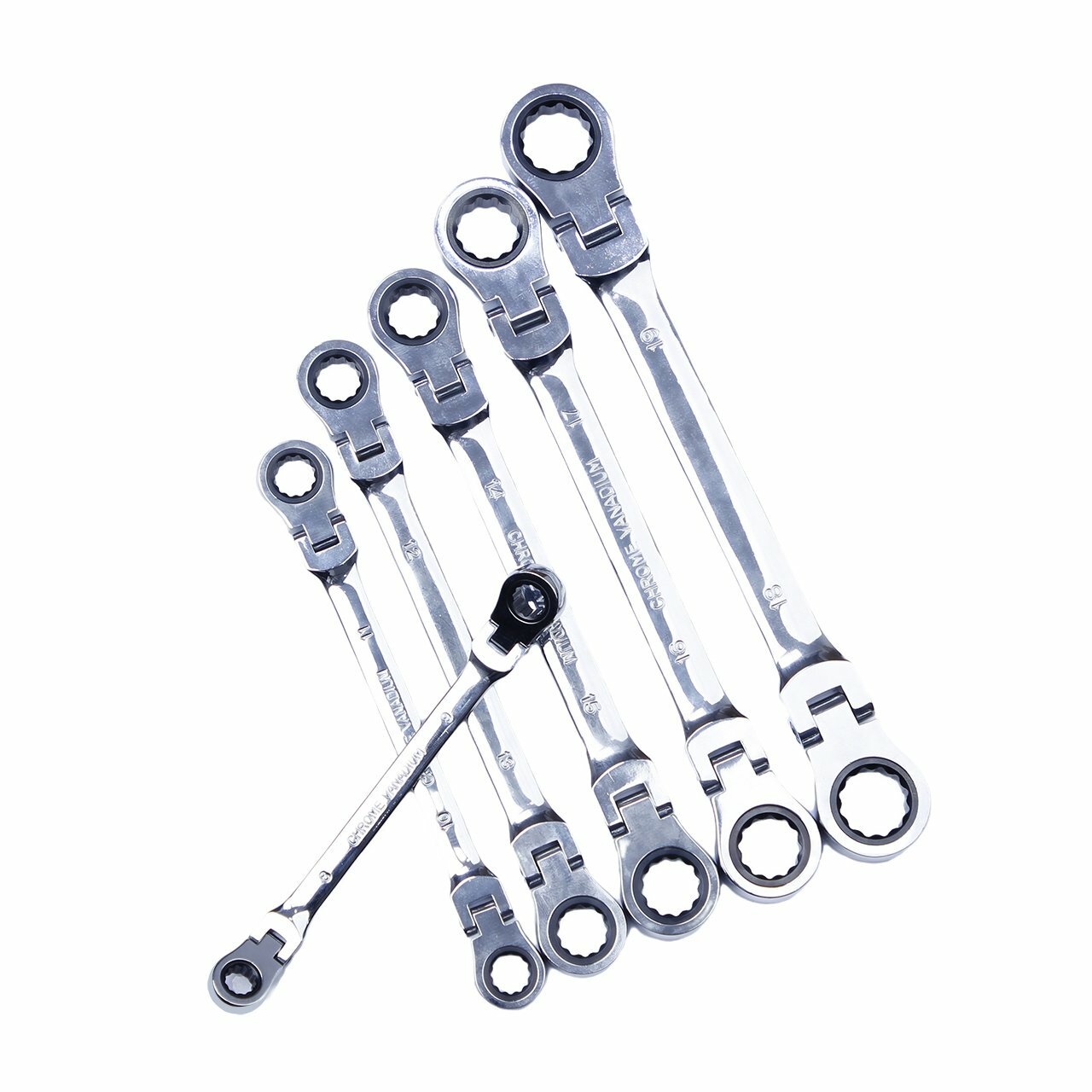 Double Box End Ratcheting Wrench Flex-Head Extra Long 6 PC Spanner Set Metric US