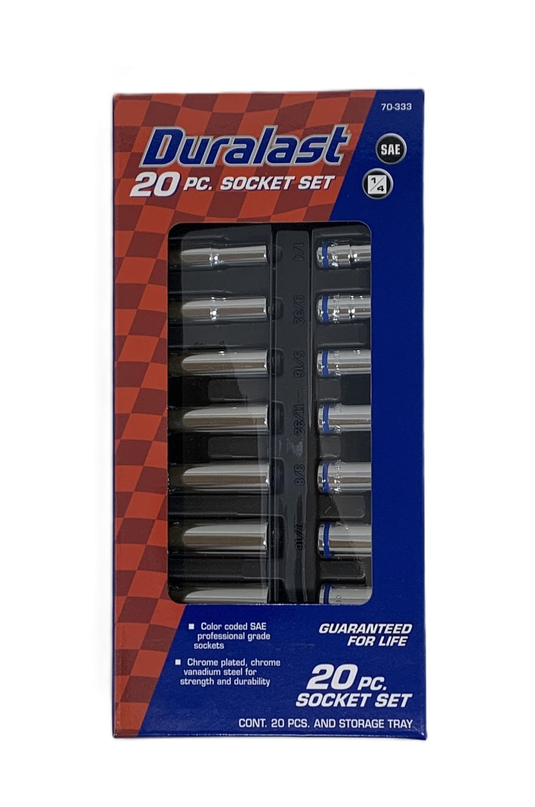 Duralast 20PC Socket Set + Storage Tray (70-333) – 1/4 Drive, SAE, 6 Point