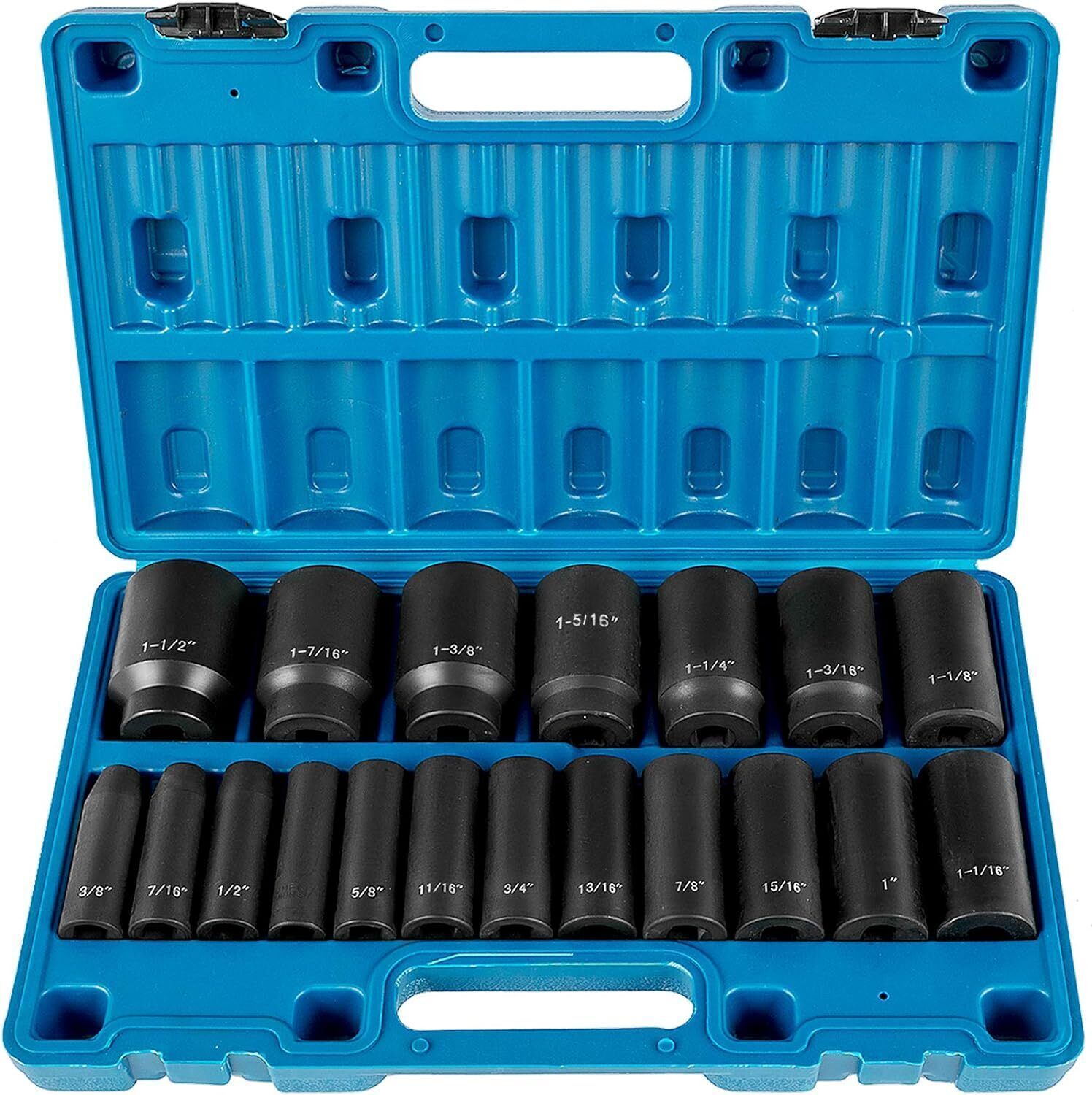 Impact Socket Set 1/2 Inches 19 PCS, 3/8» to 1-1/2» SAE 6-Point Hex Sockets