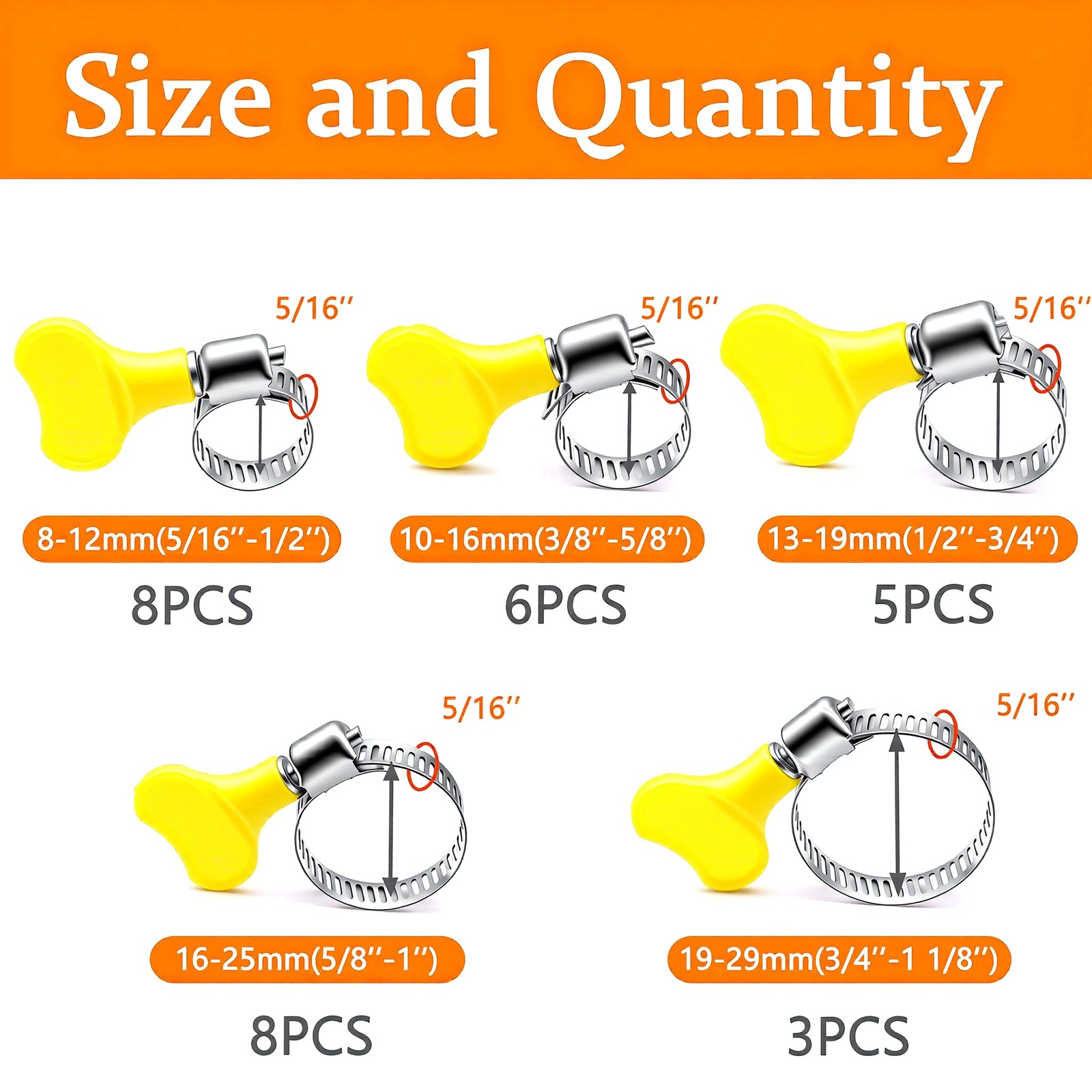 Dianrui 30 PCS Thumb Screw Hose Clamps Assortment 30PCS(5/16″-1-1/8″), Yellow