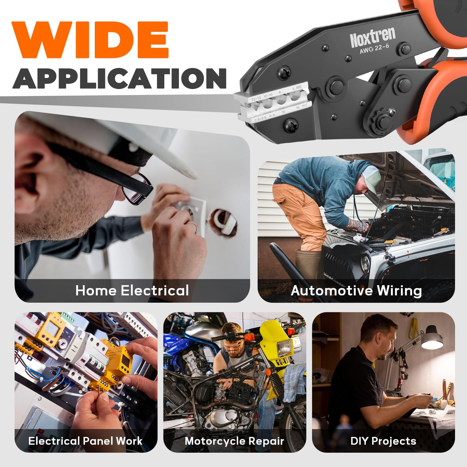 Noxtren Crimping Tool for Non-Insulated Terminal – AWG 9 Inch, Orange, Black