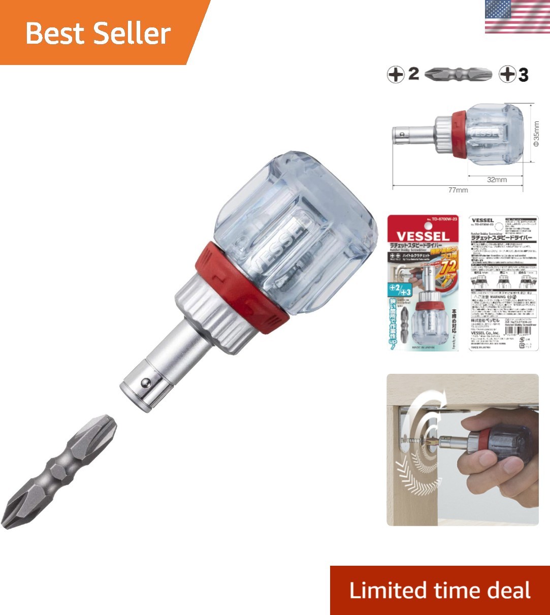 Ergonomic Stubby Ratchet Driver with Interchangeable Bits for Tight Spaces
