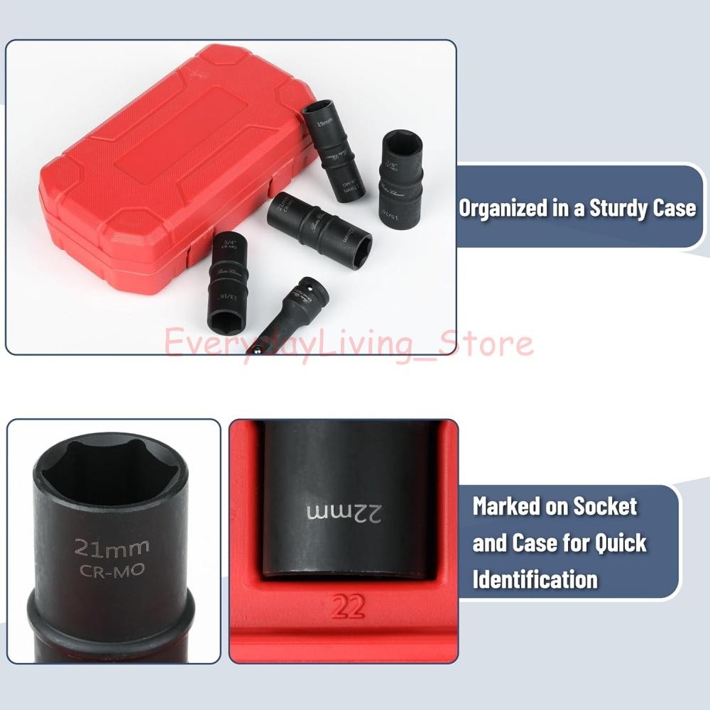 5PCS 1/2″ THIN WALL FLIP IMPACT SOCKET SET FOR AUTO RIMS TIRES LUG NUTS US