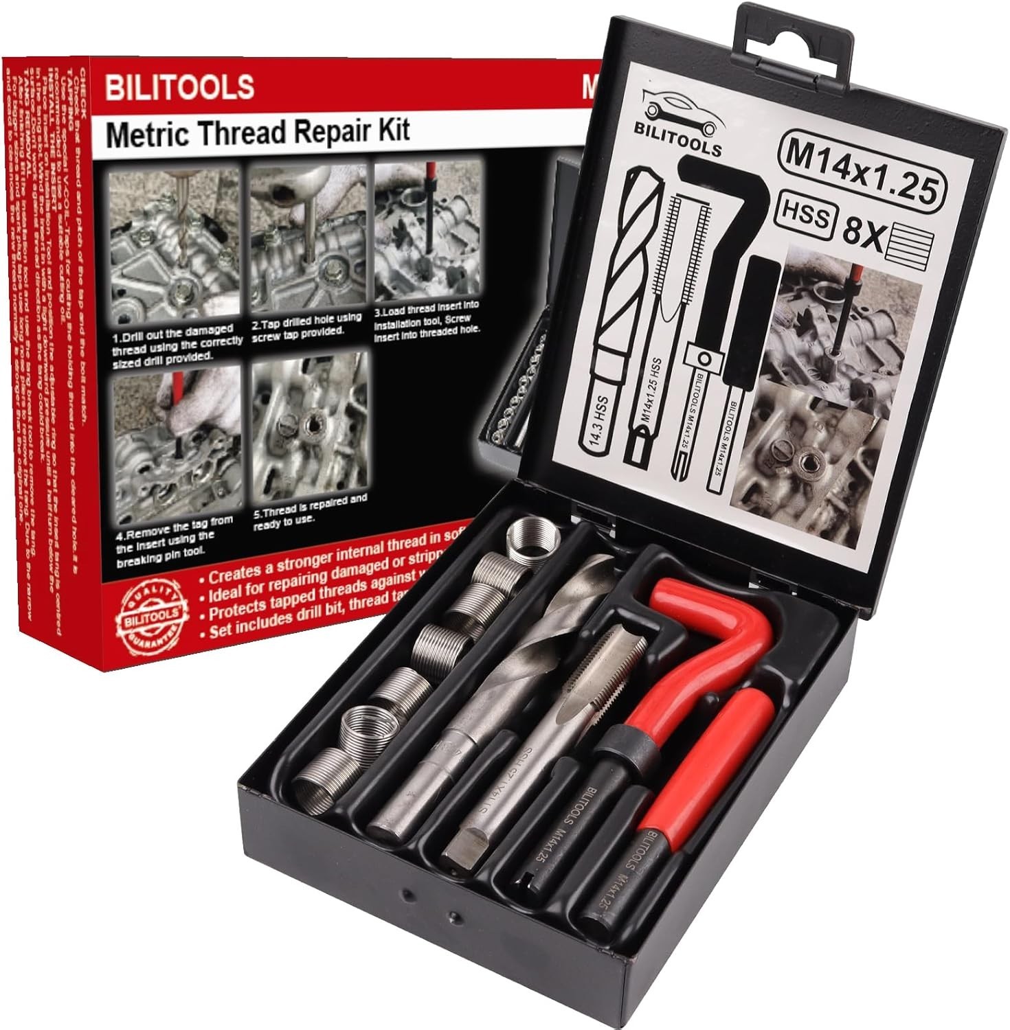 Versatile M14x1.25 Thread Repair Kit – Stainless Steel Inserts & Tools Included
