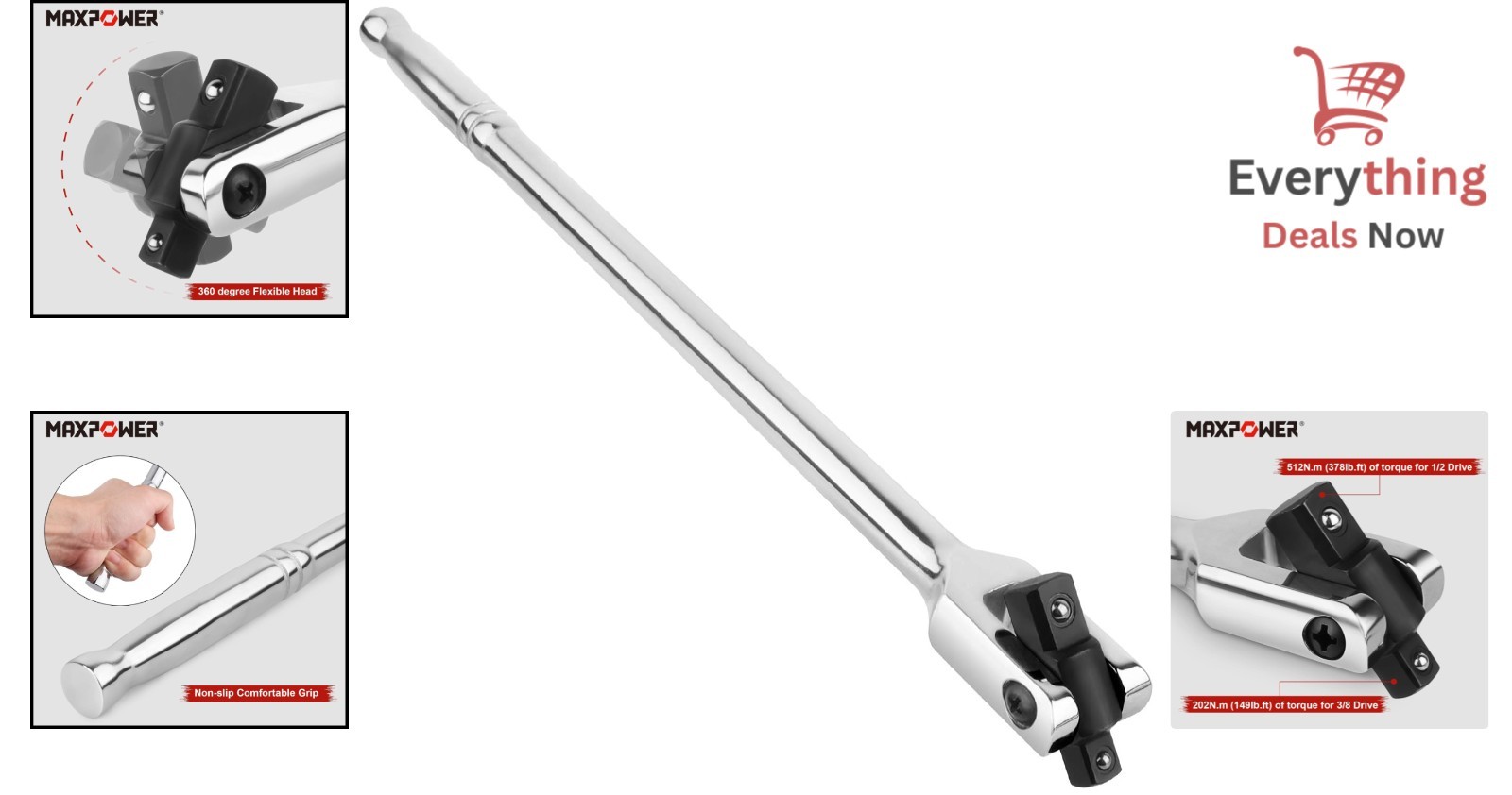 15-inch Breaker Bar 1/2″ & 3/8″ Dual Drive Flex Head Chrome Vanadium Steel Tool