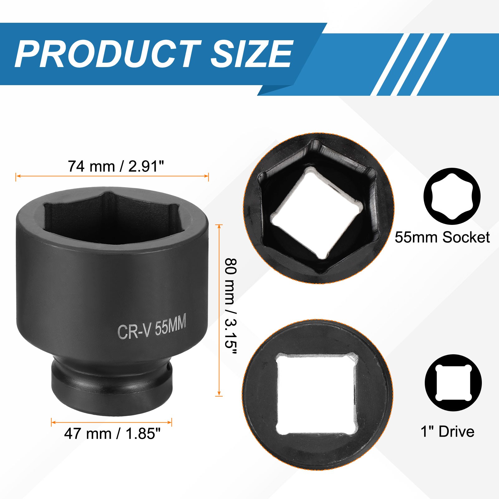 1 Inch Drive 55mm 6 Point Impact Socket Chromium Vanadium Steel