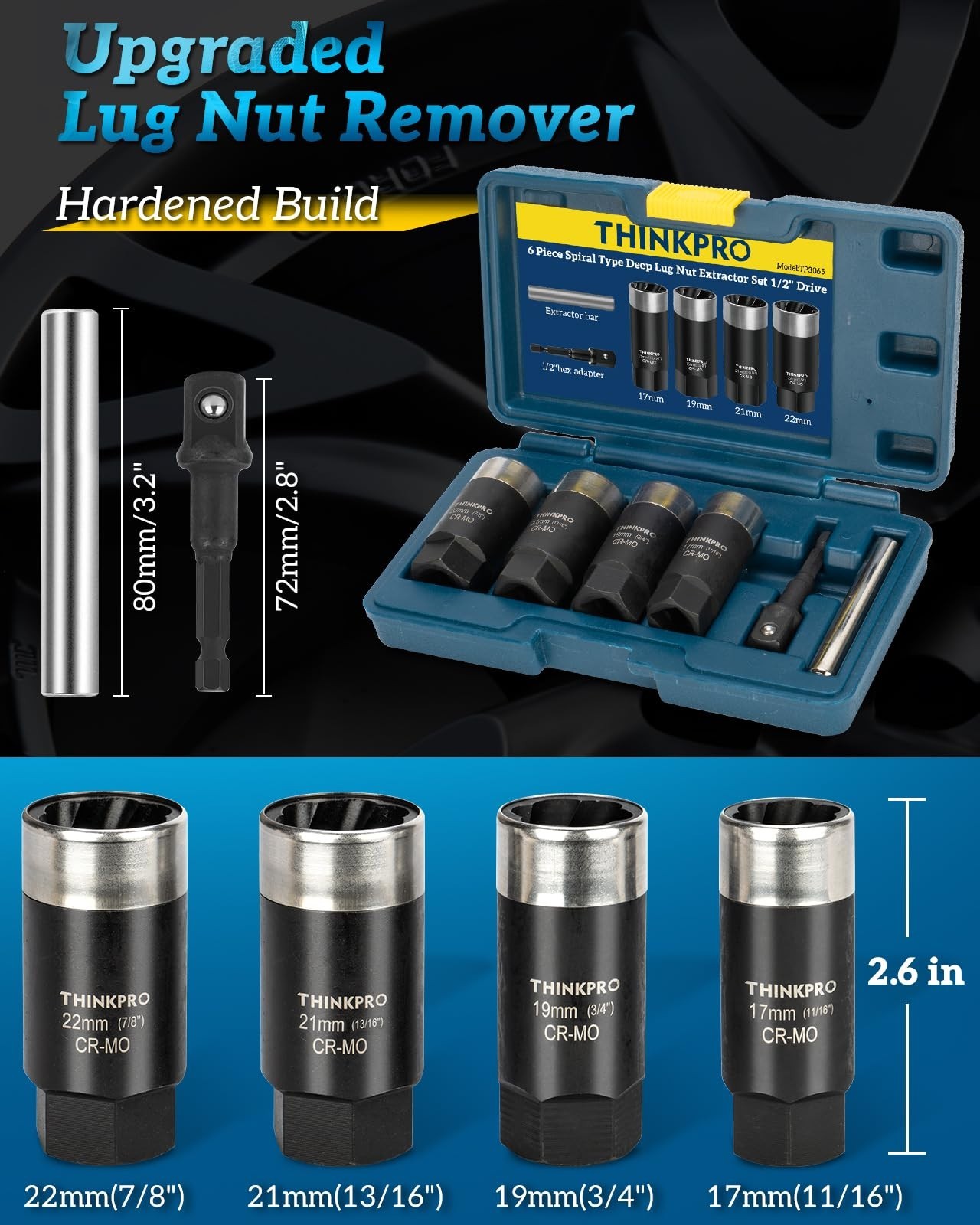 6-Piece Deep Lug Nut Extractor Set – Stripped Lug Nut Remover Tool for Broken Bo