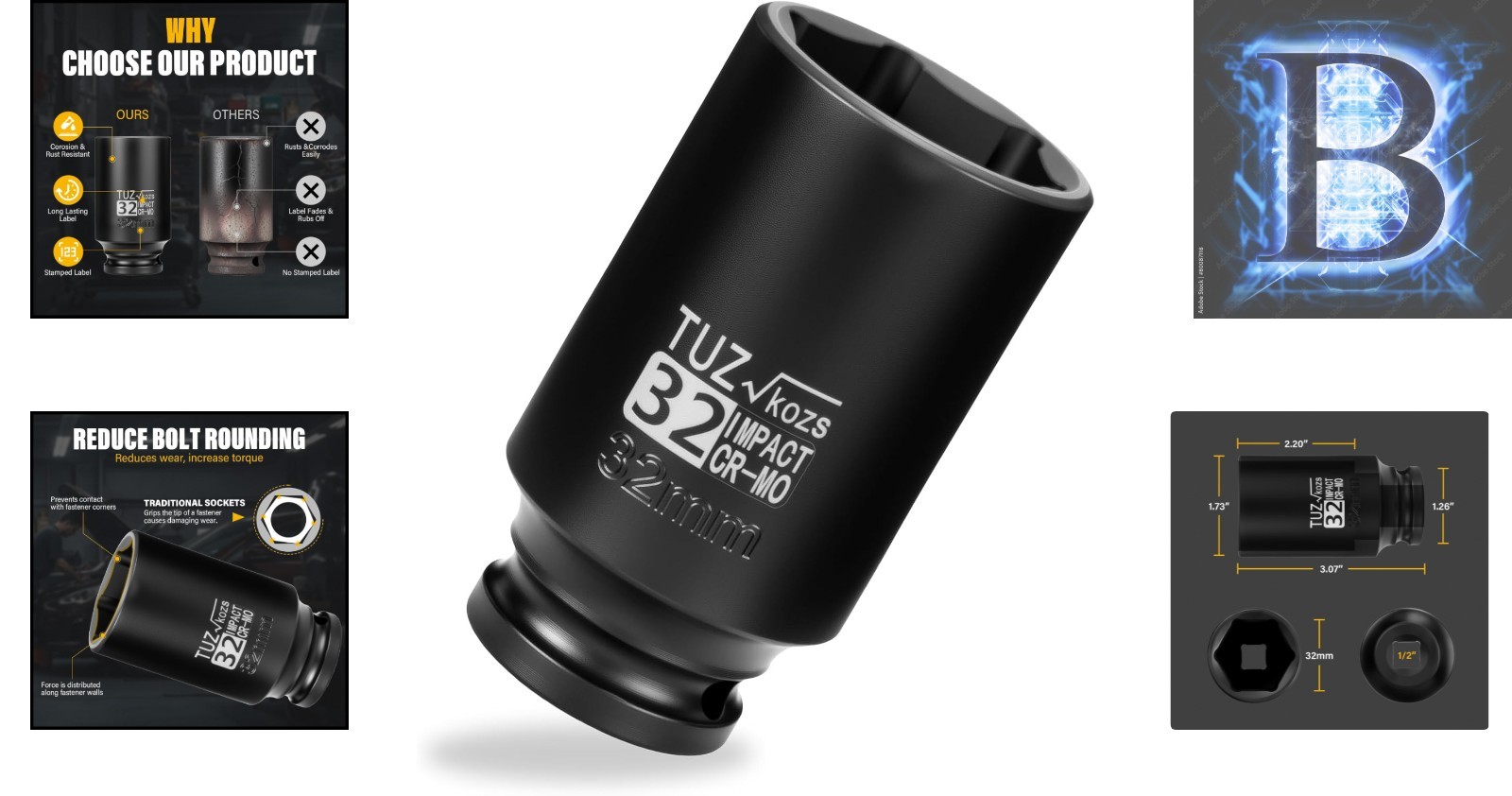 Professional 1/2 Drive 32mm Impact Socket – Enhanced Torque & Slip Resistance