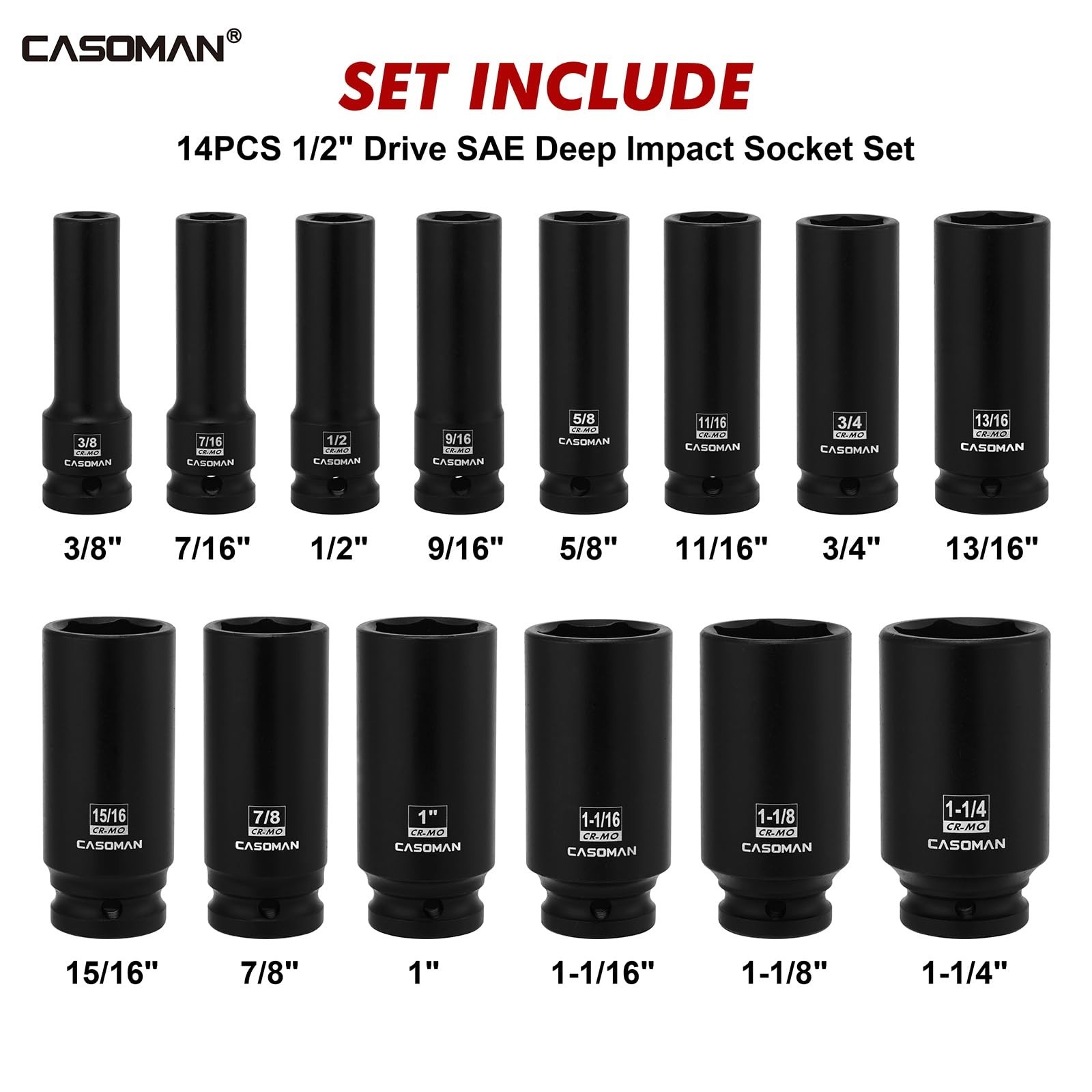 14PCS 1/2″ Drive Deep Impact Socket Set, SAE 6-Point, CR-MO, Auto Repair, Mechan