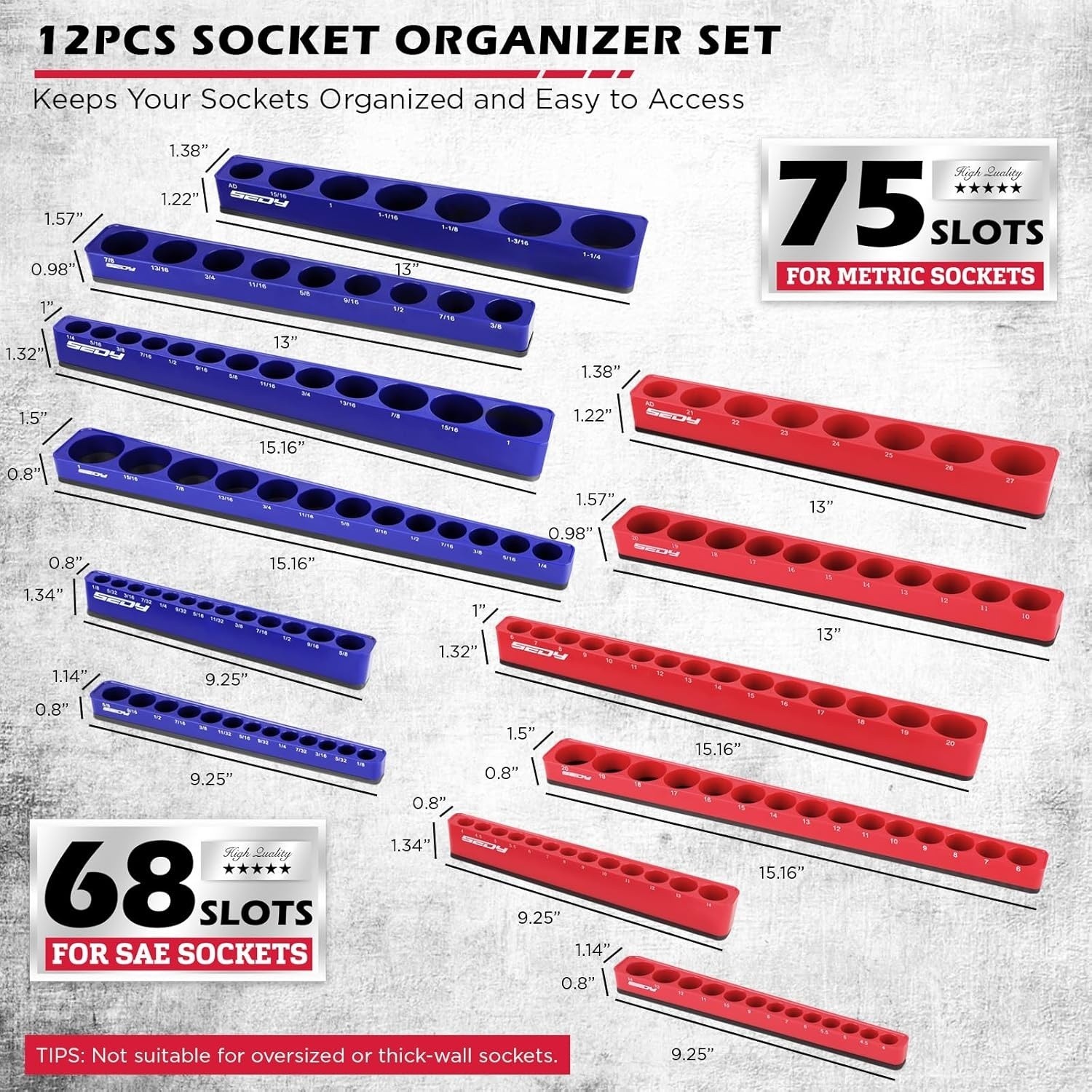 12-Piece 1/4″ 3/8″ 1/2″ – Drive SAE and Metric Magnetic Socket Organizer Set