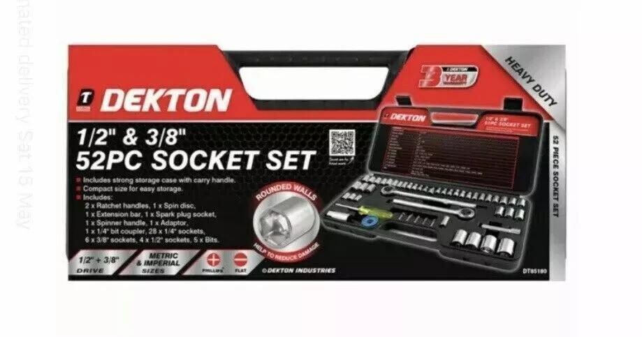 52 Piece dekton 1/2 and 3/8 Inch Socket Set in Carry Case Multi