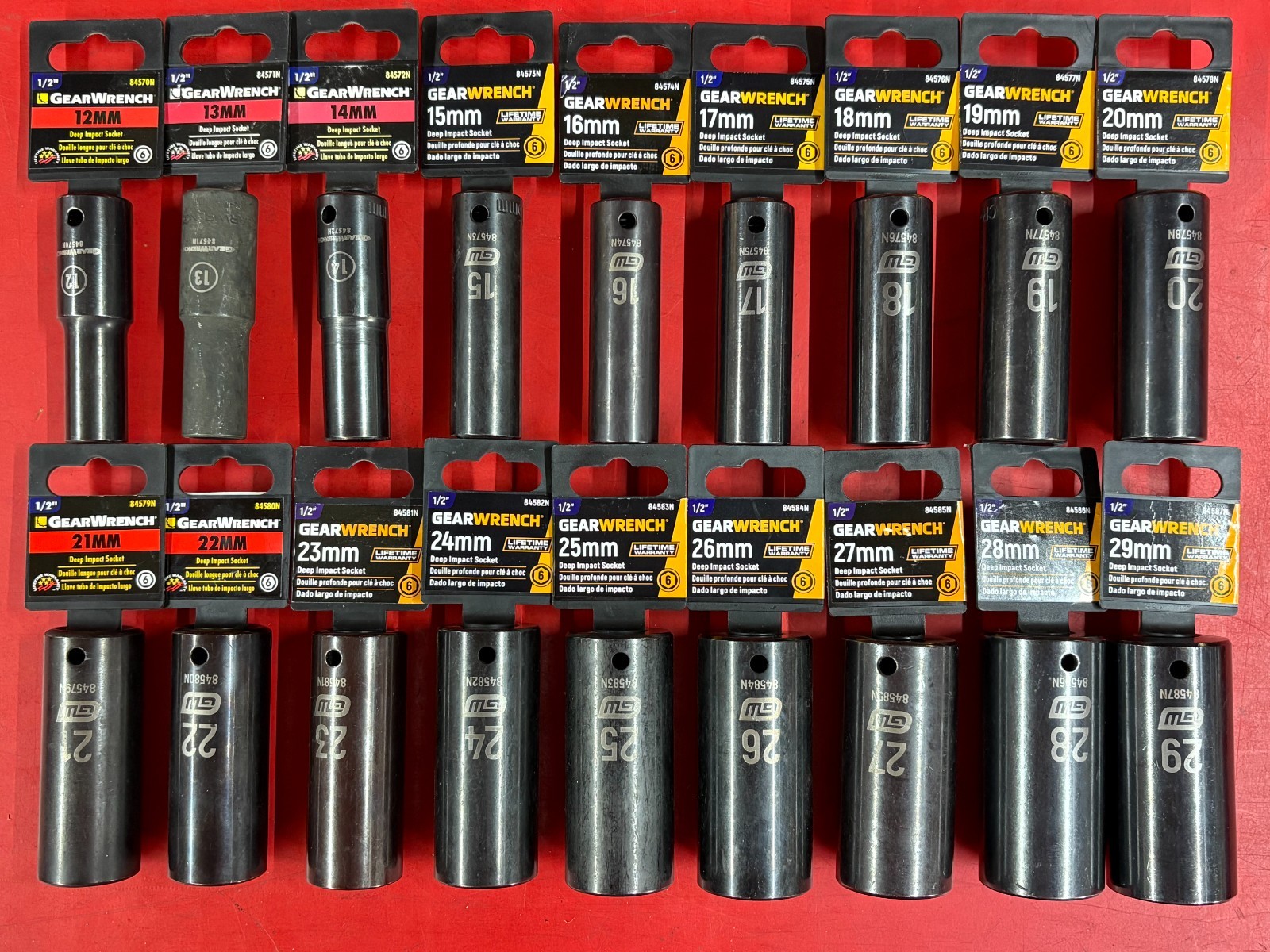 LOT OF 18 GEARWRENCH METRIC 1/2″ DRIVE DEEP IMPACT SOCKETS SET 12MM UP TO 29MM