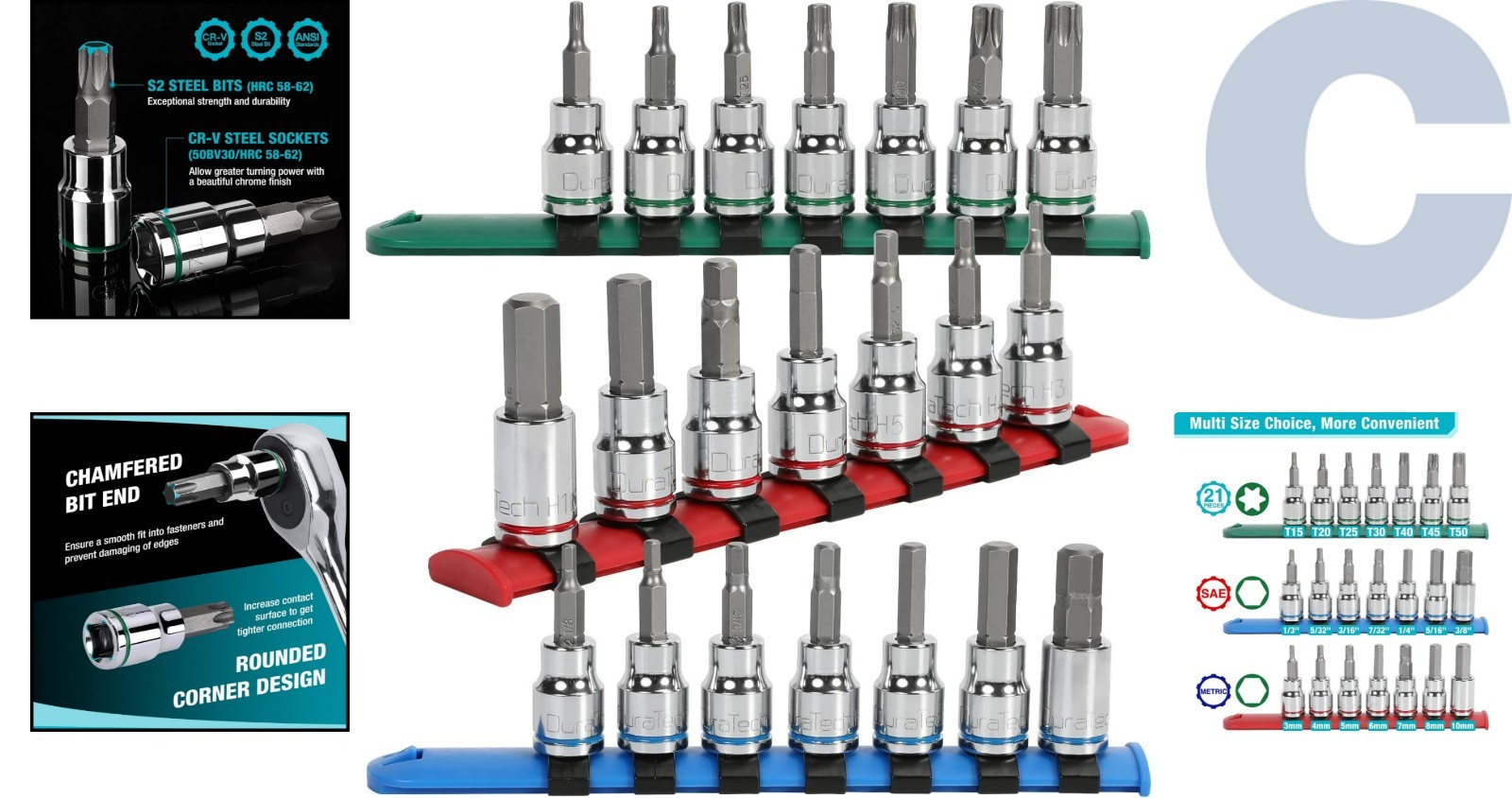 Superior Torque 21-Piece Chrome Plated Socket Set with S2 Bits – 3/8» Drive