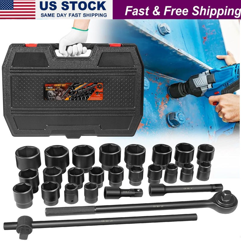 3/4″ Drive Impact Socket Set – 27-Piece Standard SAE (7/8″-2″) Metric (22-50 mm)