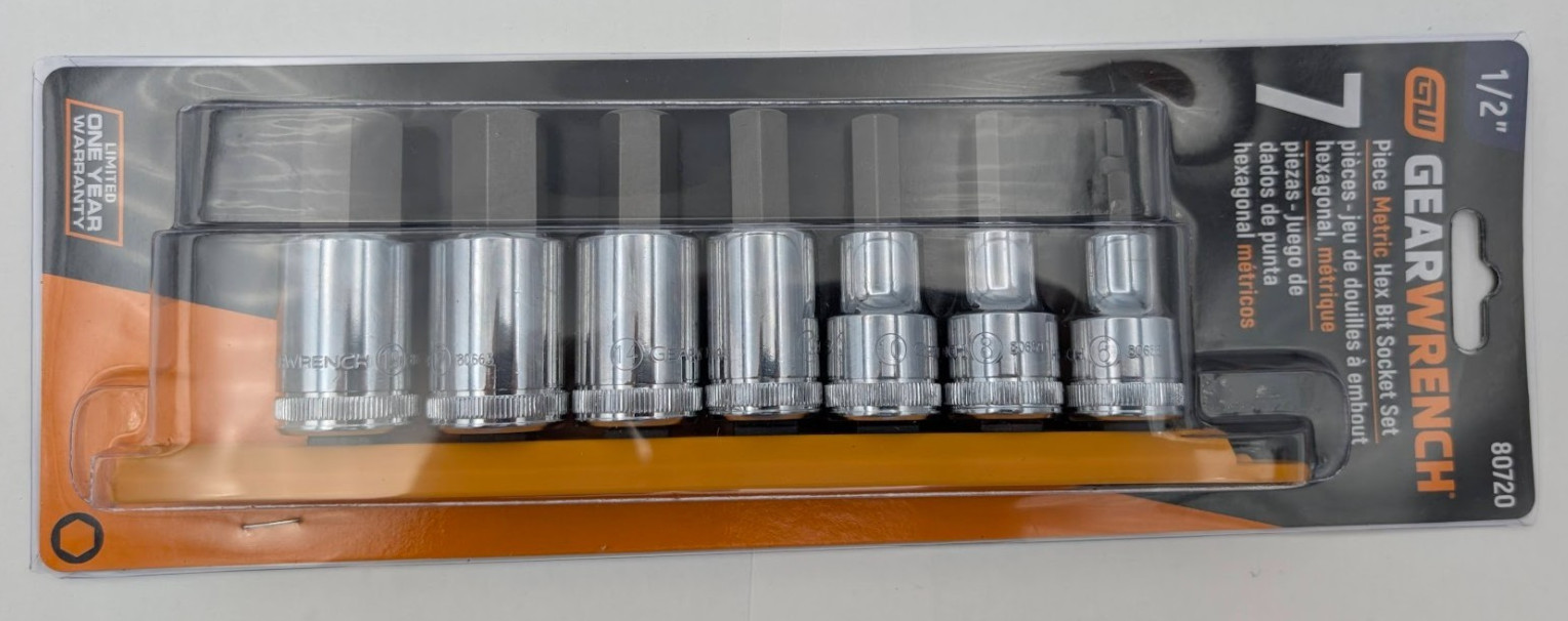 GearWrench 7 Pc 1/2″ Drive Hex Bit Metric Socket Set 6, 8, 10, 12, 14, 17 & 19mm