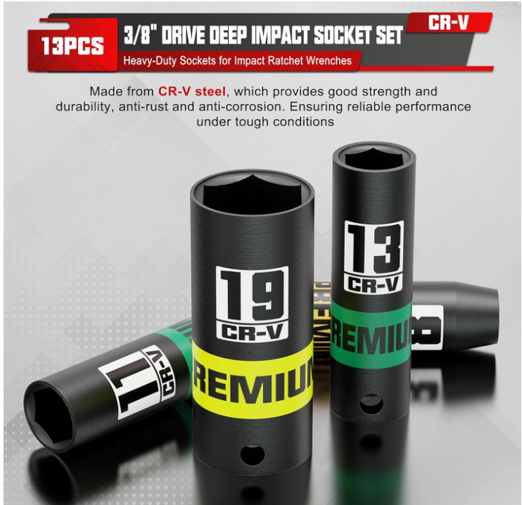 Juego de 13 piezas de llaves de impacto profundas de 3/8″, 7-19 mm, CR-V, 6 punt