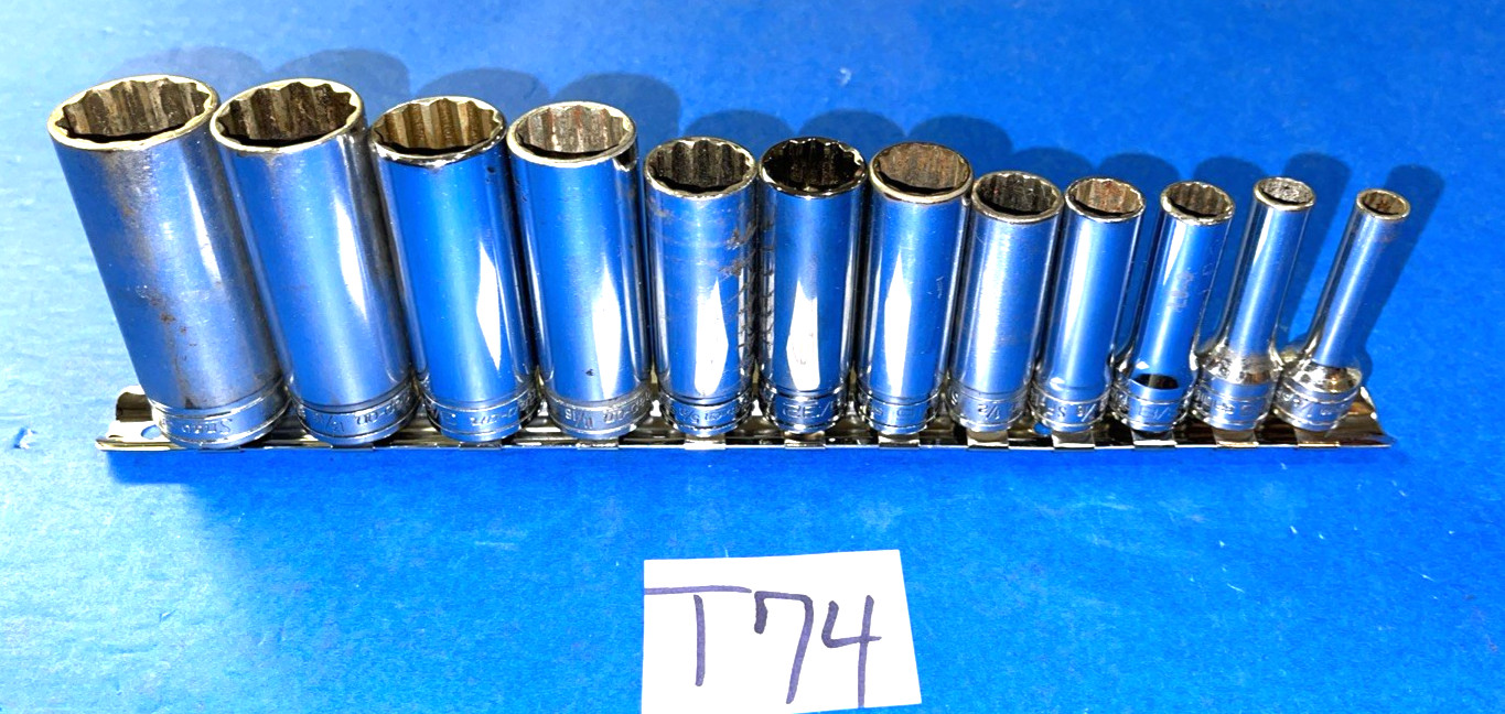 SNAP-ON TOOLS 12 PIECE 3/8 DRIVE SAE. DEEP CHROME 12 POINT SOCKET SET 211SFY