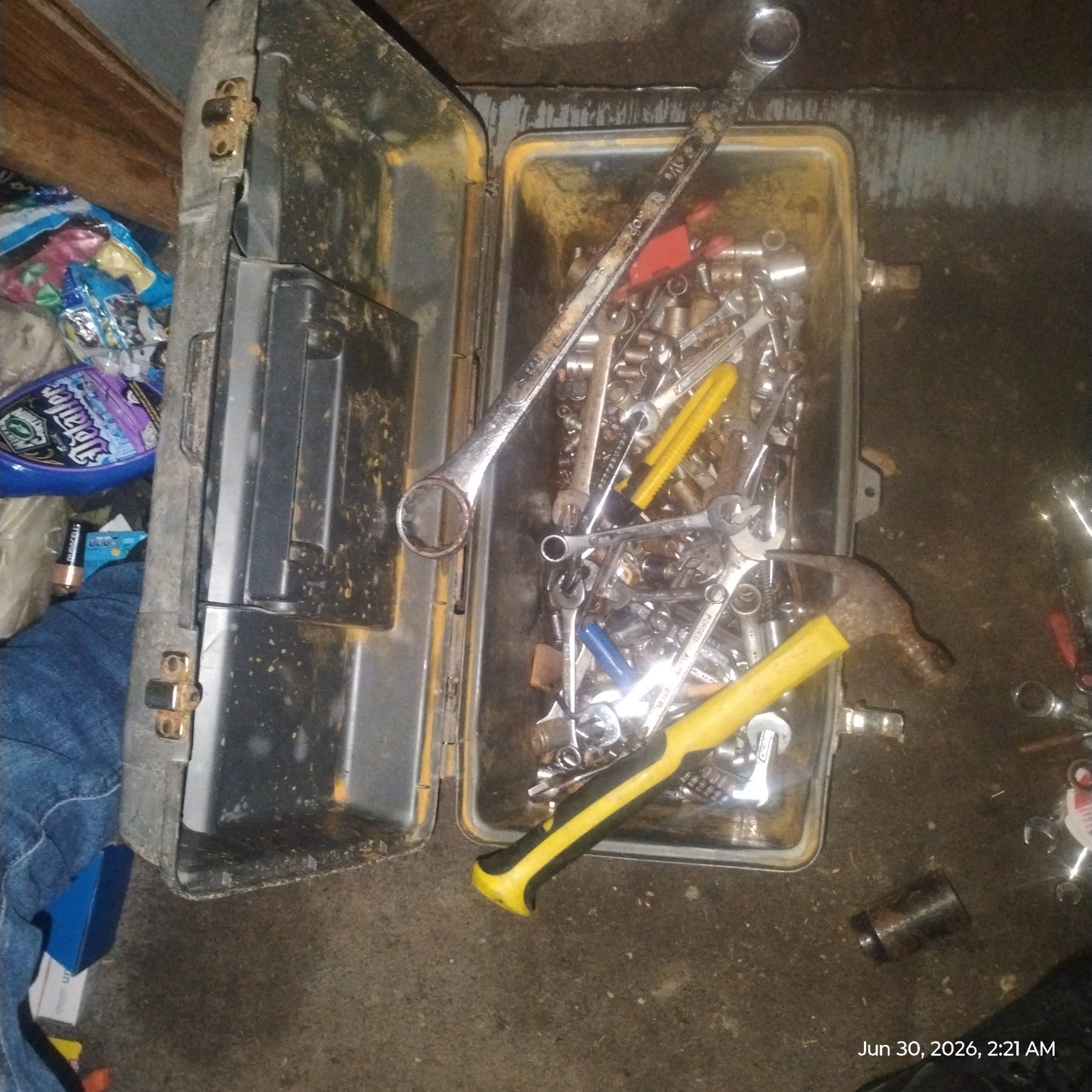 vintage old tool box with random Mechanics tools.