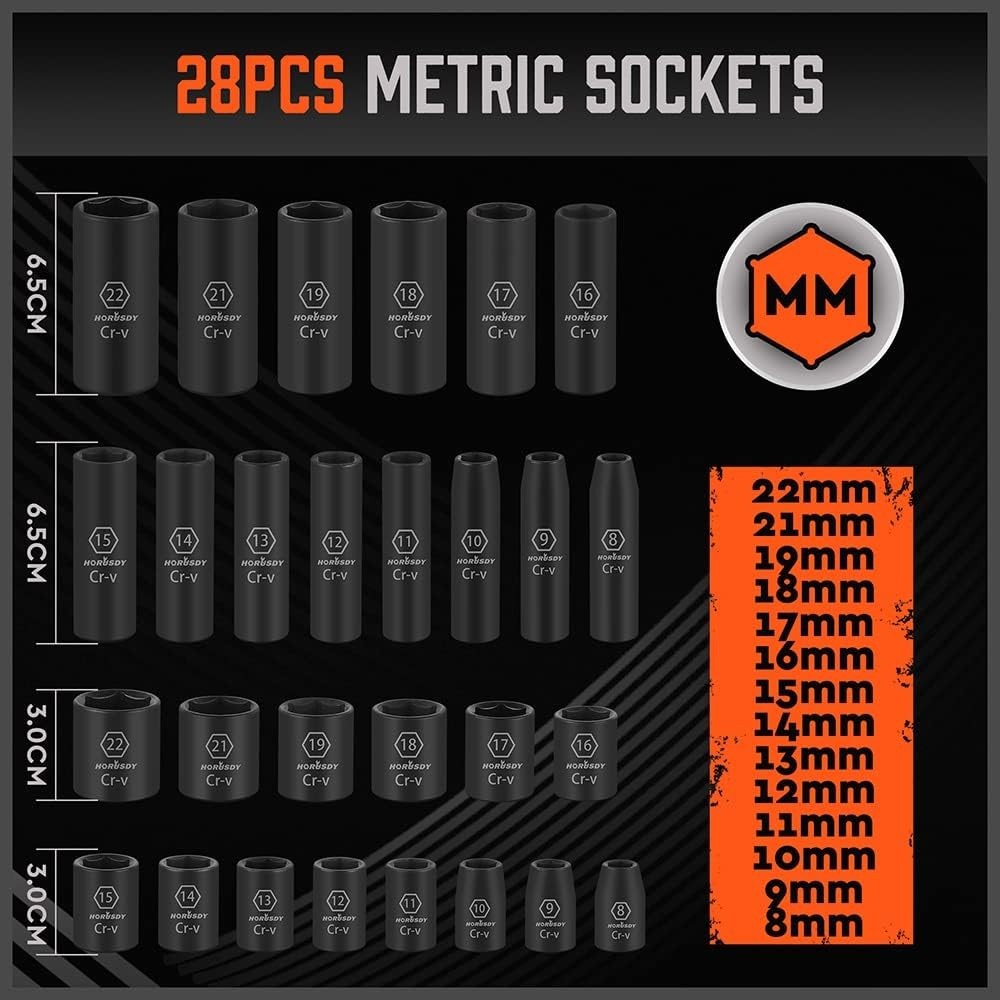 Versatile 50-Piece Impact Socket Set, SAE 5/16-3/4″ & 8-22mm