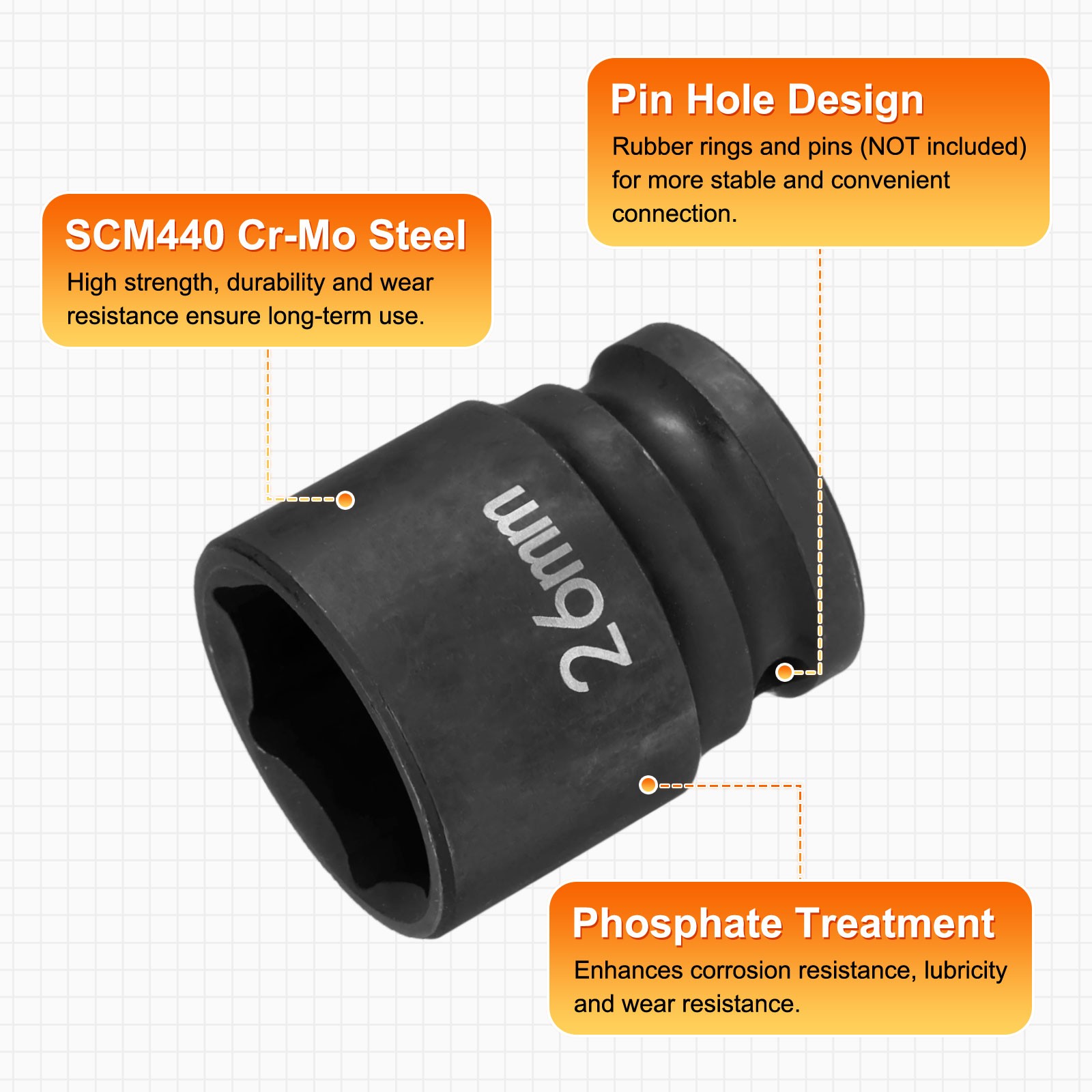 6 Point Impact Socket 26mm Socket 1/2″ Drive 1.65″ Long Cr-Mo Steel Phosphated