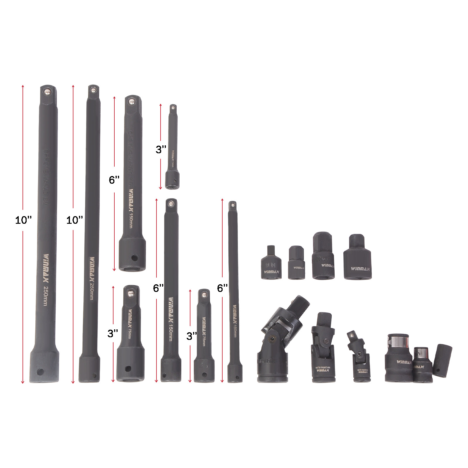 18 Pieces 1/4 , 3/8, 1/2 in Drive Impact Extension Rods Impact Extension Bar Set
