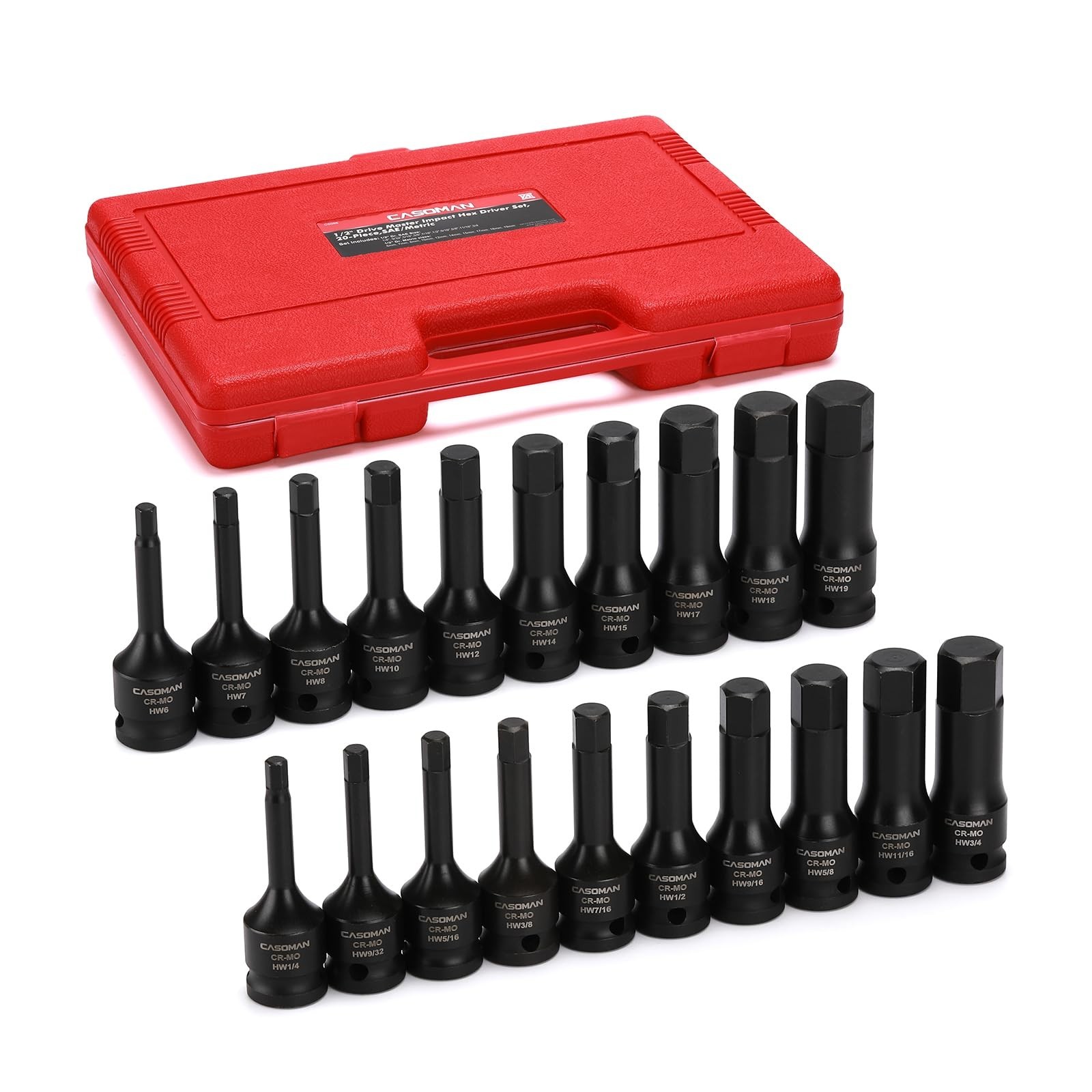 20-Piece 1/2″ Drive Impact Hex Bit Set – SAE/Metric, Cr-Mo Steel, Durable Constr