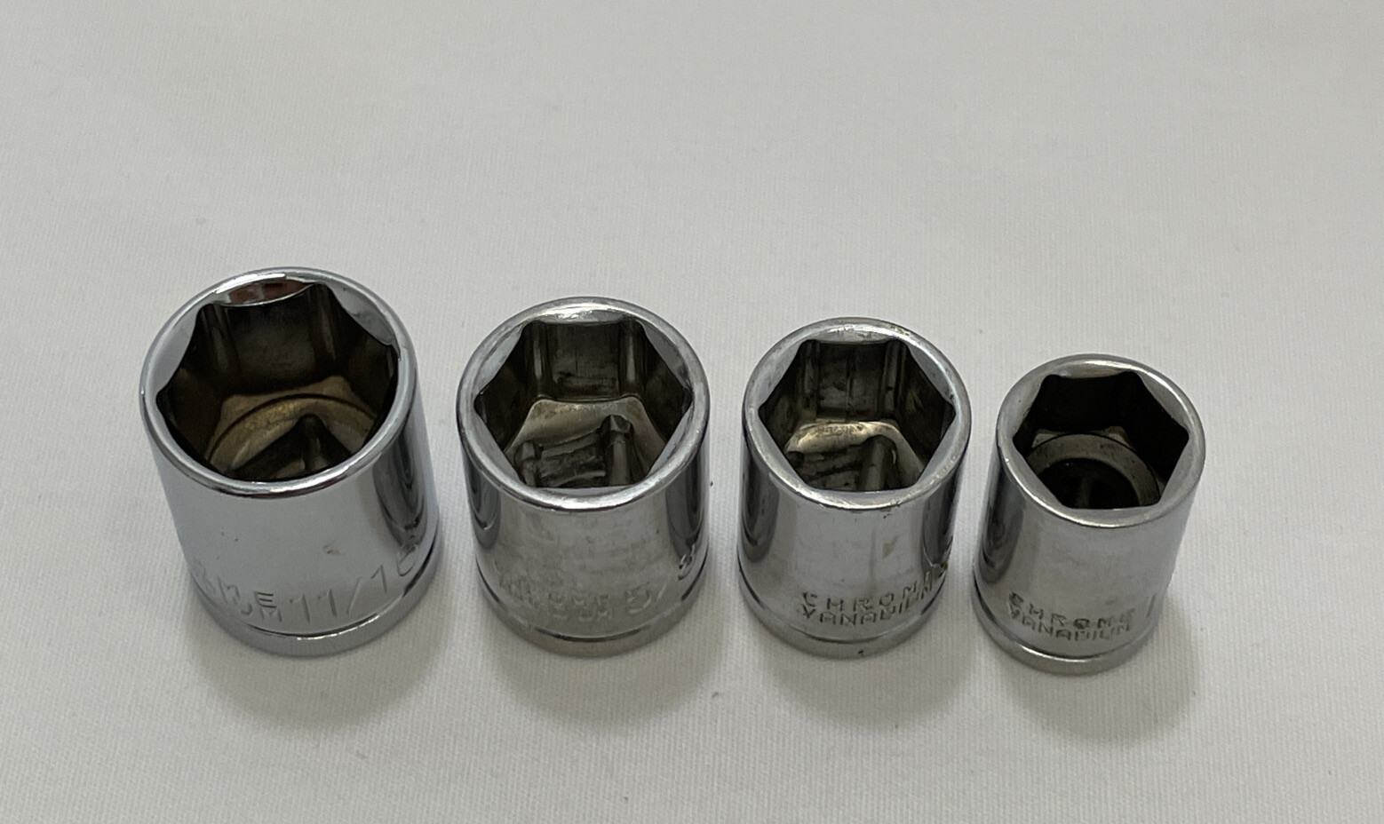Vintage Chrome Vanadium 3/8”Drive SAE 11/16”,5/8”,9/16”,1/2” – 6pts Lot Of 4