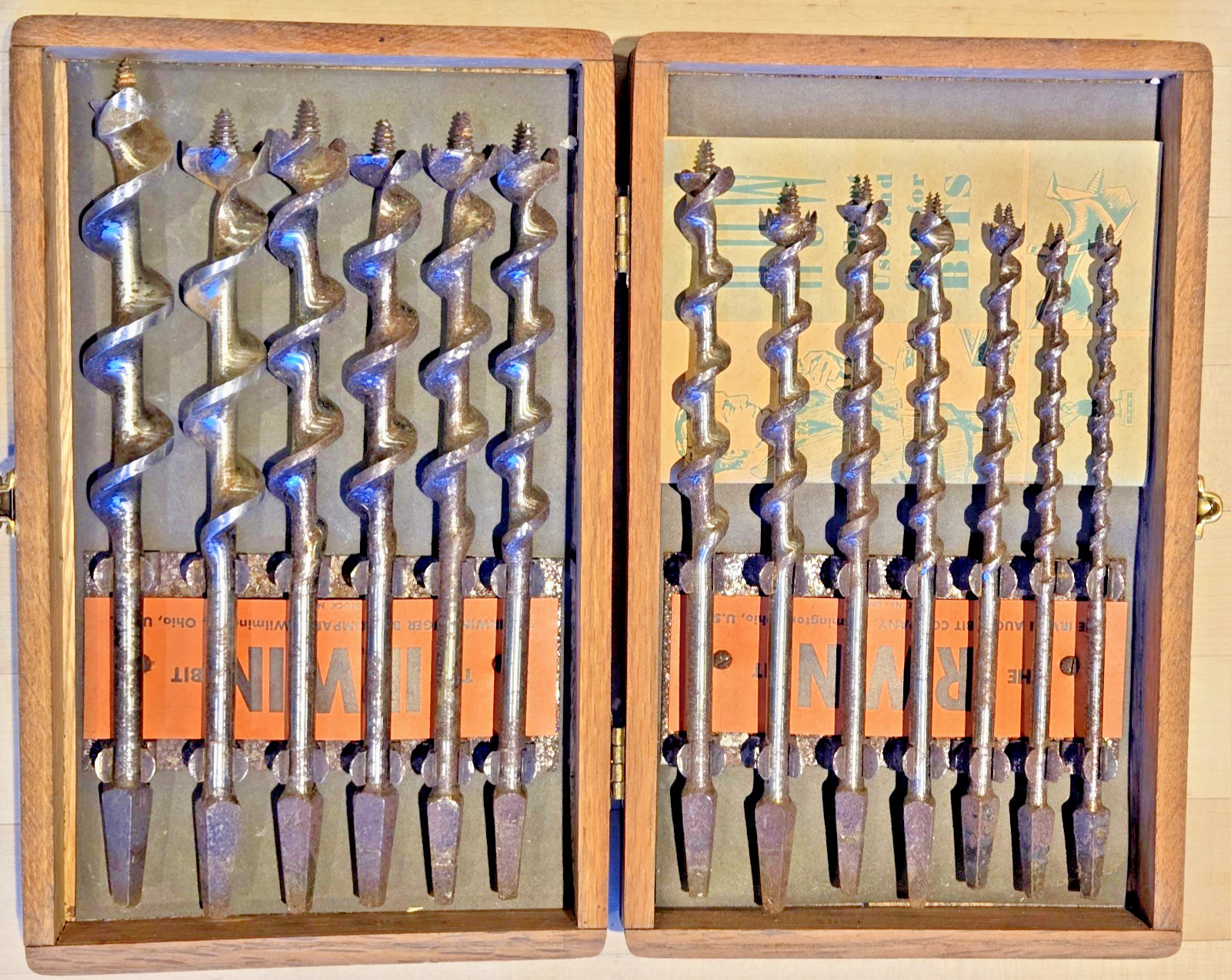 IRWIN Auger Bit Set in Oak Box with Original Booklet